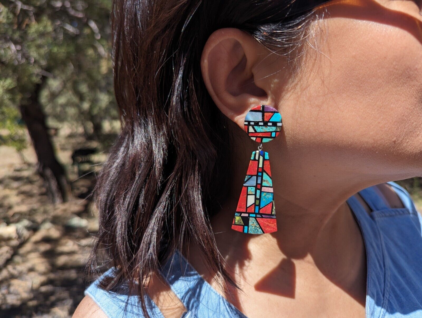 Native American Dangle Earrings Santo Domingo Handmade Inlay Jewelry Chris Nieto