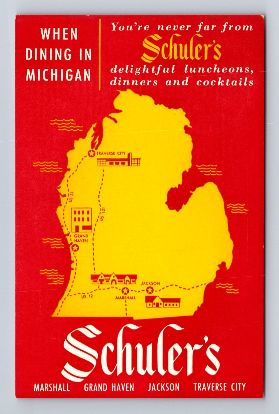 MI-Michigan, General Map Greeting, Schuler's Restaurant Vintage Postcard