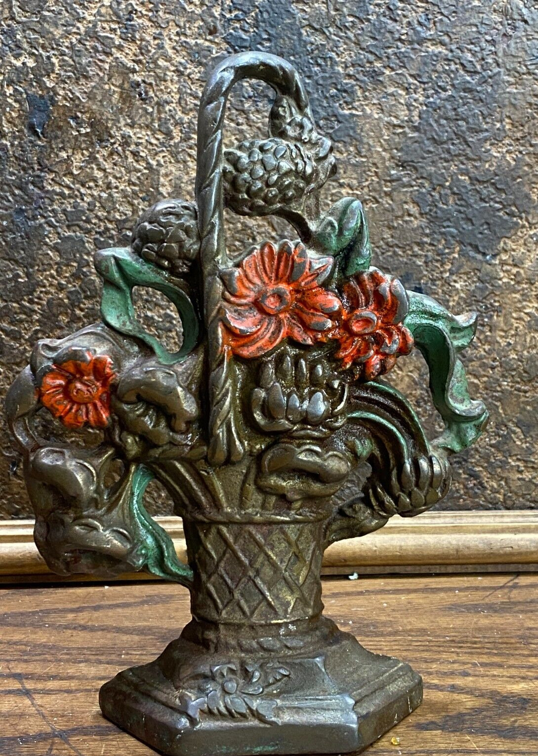 Vintage Cast Iron Door Stop Hubley Flowers in Vase ~ Floral w Original Paint
