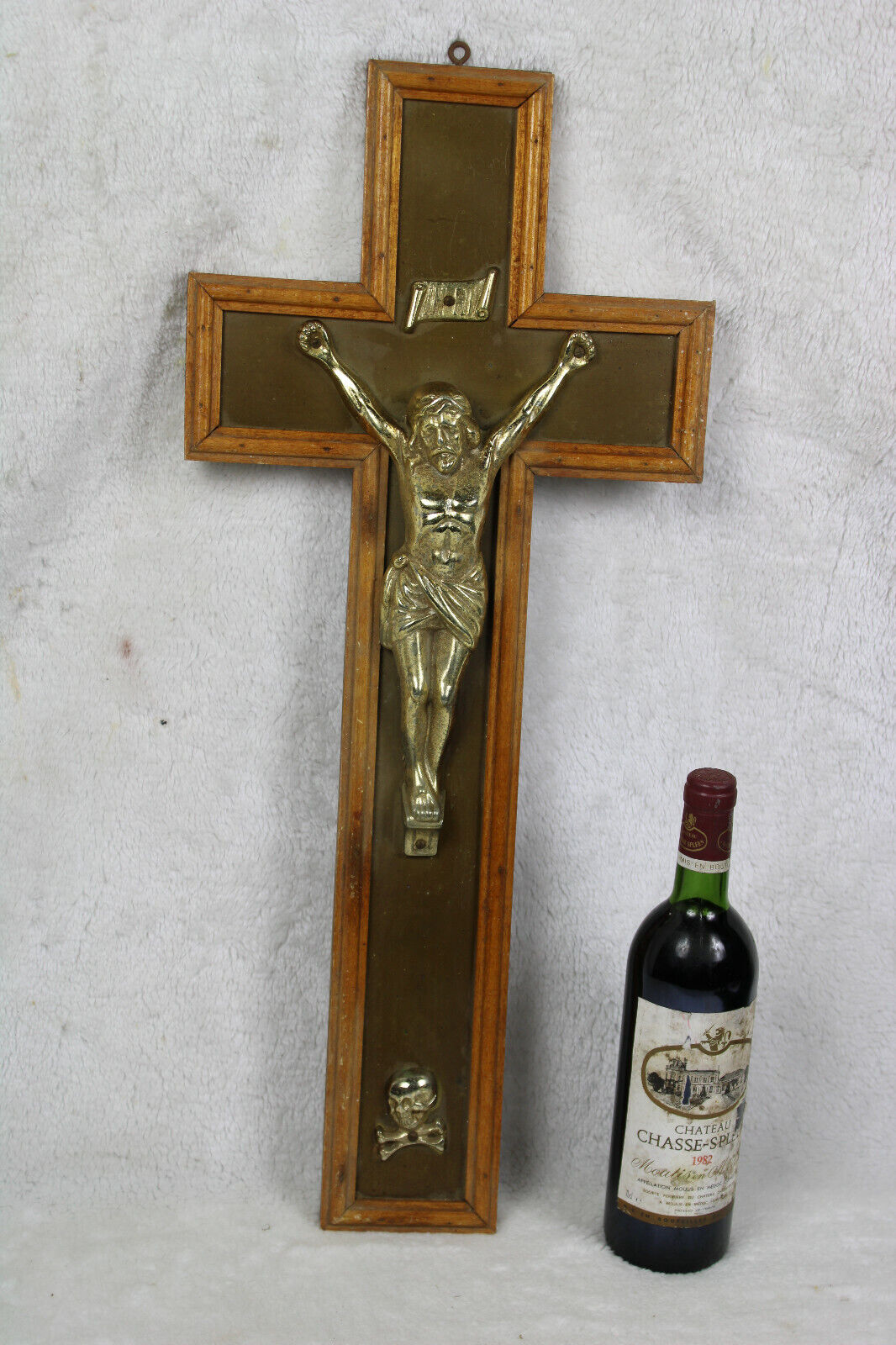 XL Antique French crucifix wood carved metal christ cross religious 
