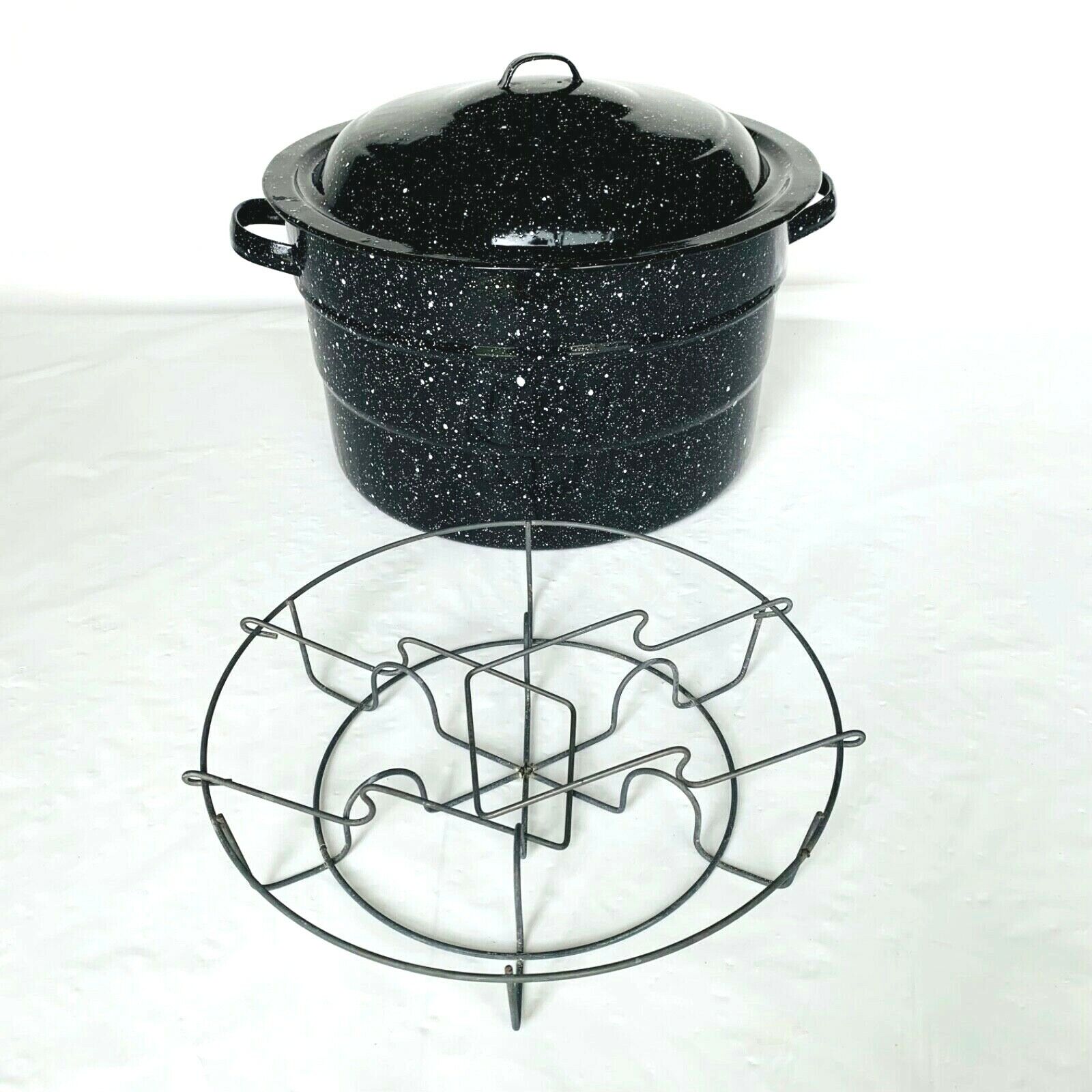 Vintage Speckled Enamelware Dutch Oven Stock Pot Canner w/ Lid & Rack 13.75x8.5