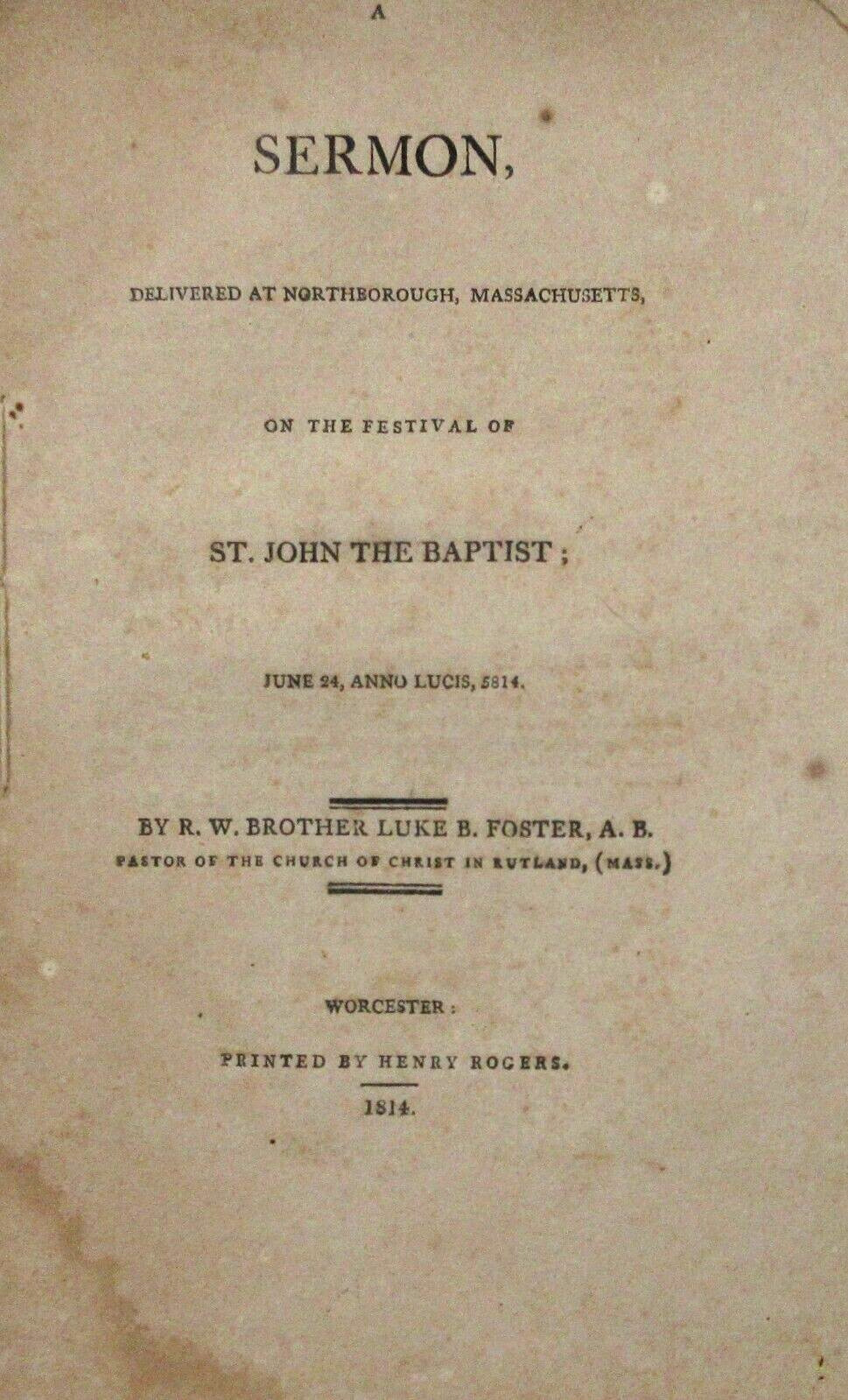 Sermon Northborough Massachusetts Festival of St. John the Baptist Foster 1814