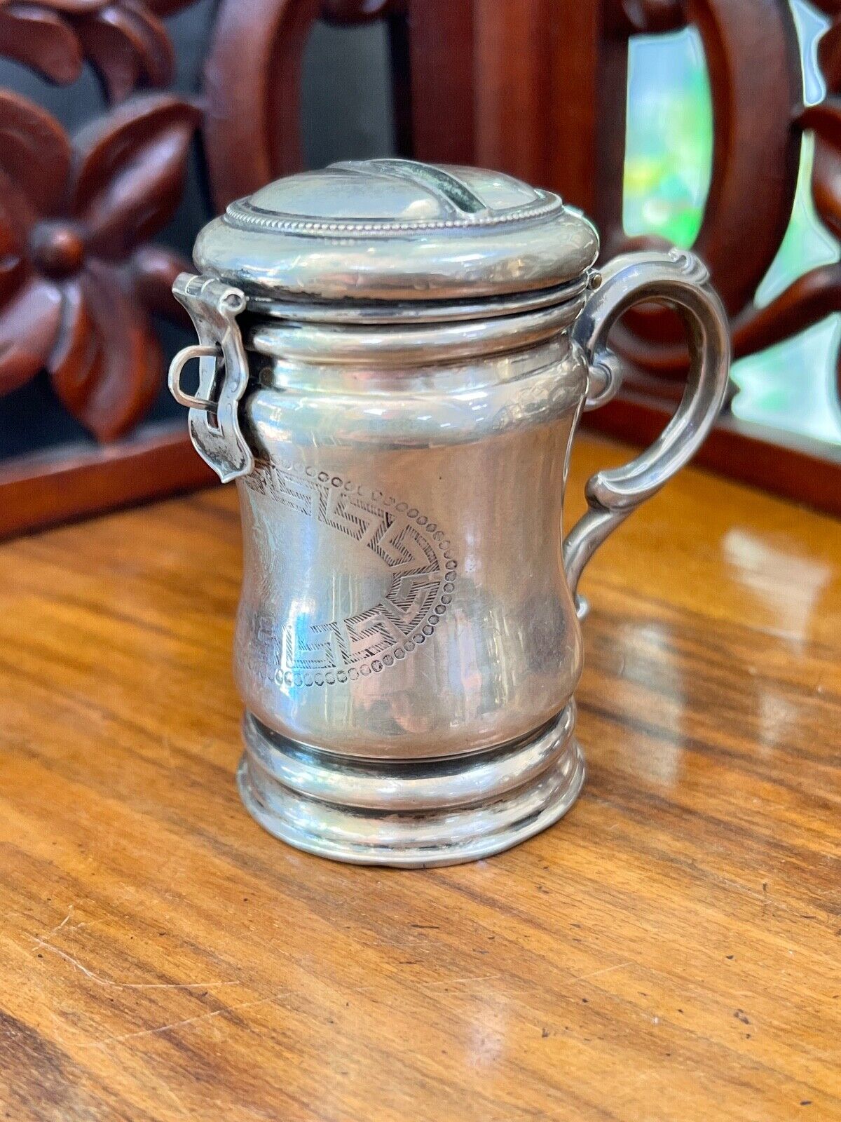 19c.Victorian Silvered Brass Beer Mug Tankard Money Coin Still Bank Donation Box