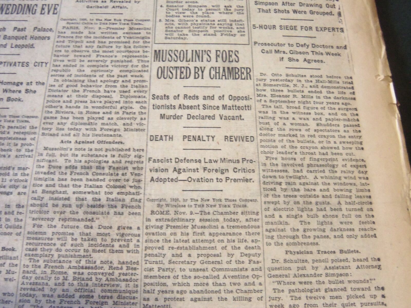 1926 NOV 10 NEW YORK TIMES - MUSSOLINI'S FOES OUSTED BY CHAMBER - NT 6538
