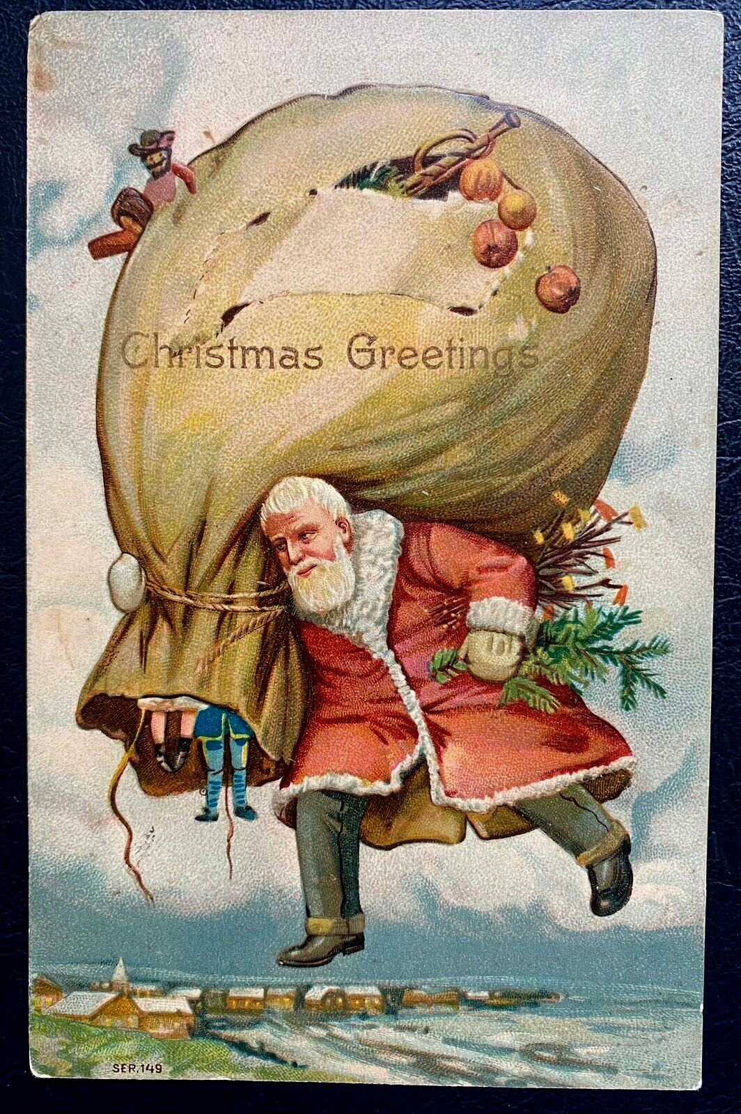 Santa Claus with Giant Sack Full of Toys~Fruit~Antique Christmas Postcard~k347