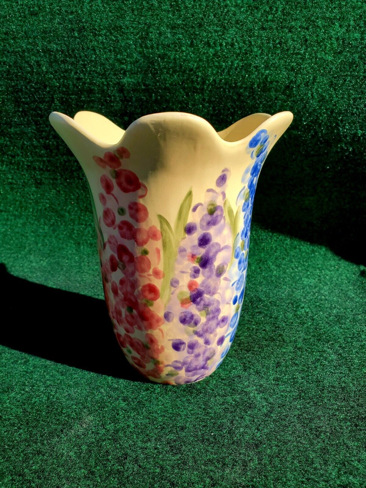 Vintage Yellow Beige Ceramic Vase Wine Cooler Hand painted Pink Purple Blue 8\