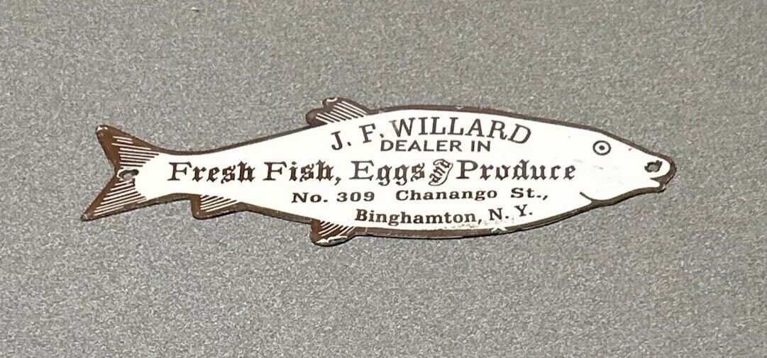 VINTAGE J F WILLARD FISH PRODUCE EGGS VEGETABLE PORCELAIN SIGN CAR GAS OIL TRUCK