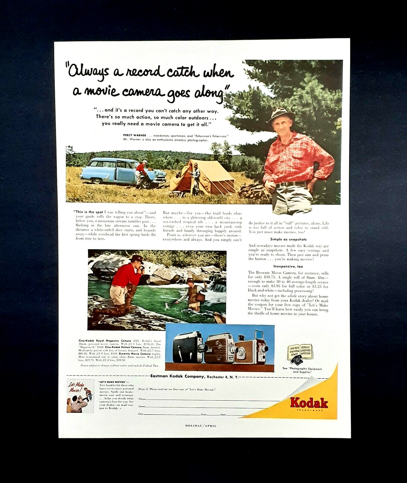 Kodak Brownie camera ad vintage 1954 Reliant Royal movie camera advertisement