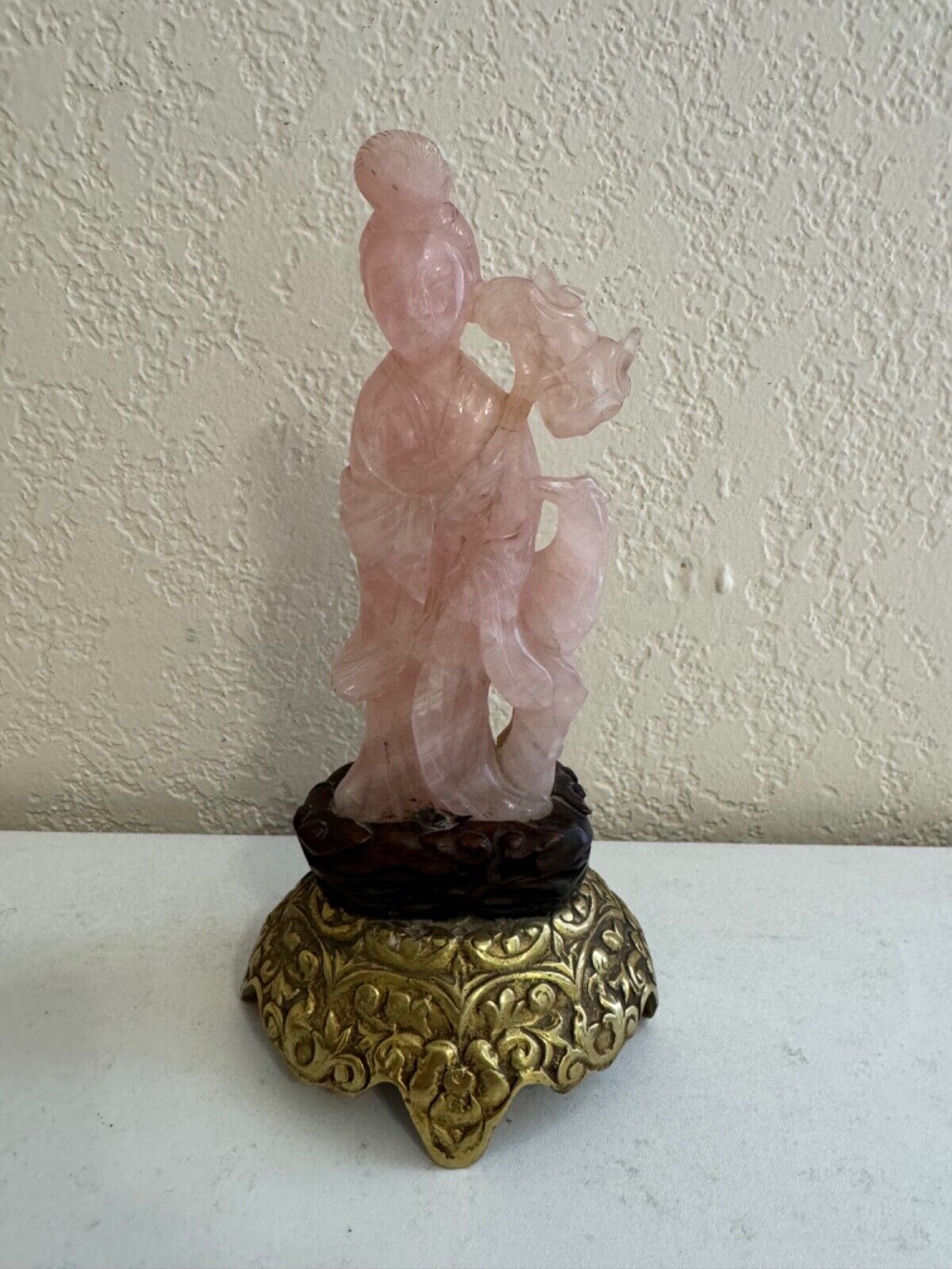 Vintage Antique Chinese Rose Quartz Carving of Woman Holding Object w/ Bird