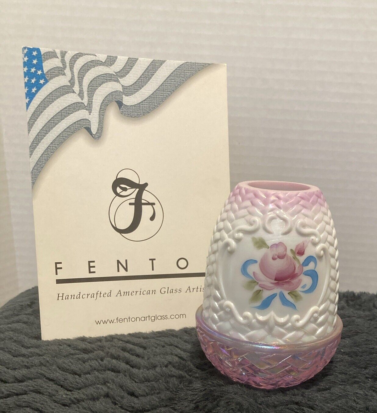Fenton “Rose” Pink Iridescent Basket Weave Base 2 Pc Fairy Lamp Hand painted