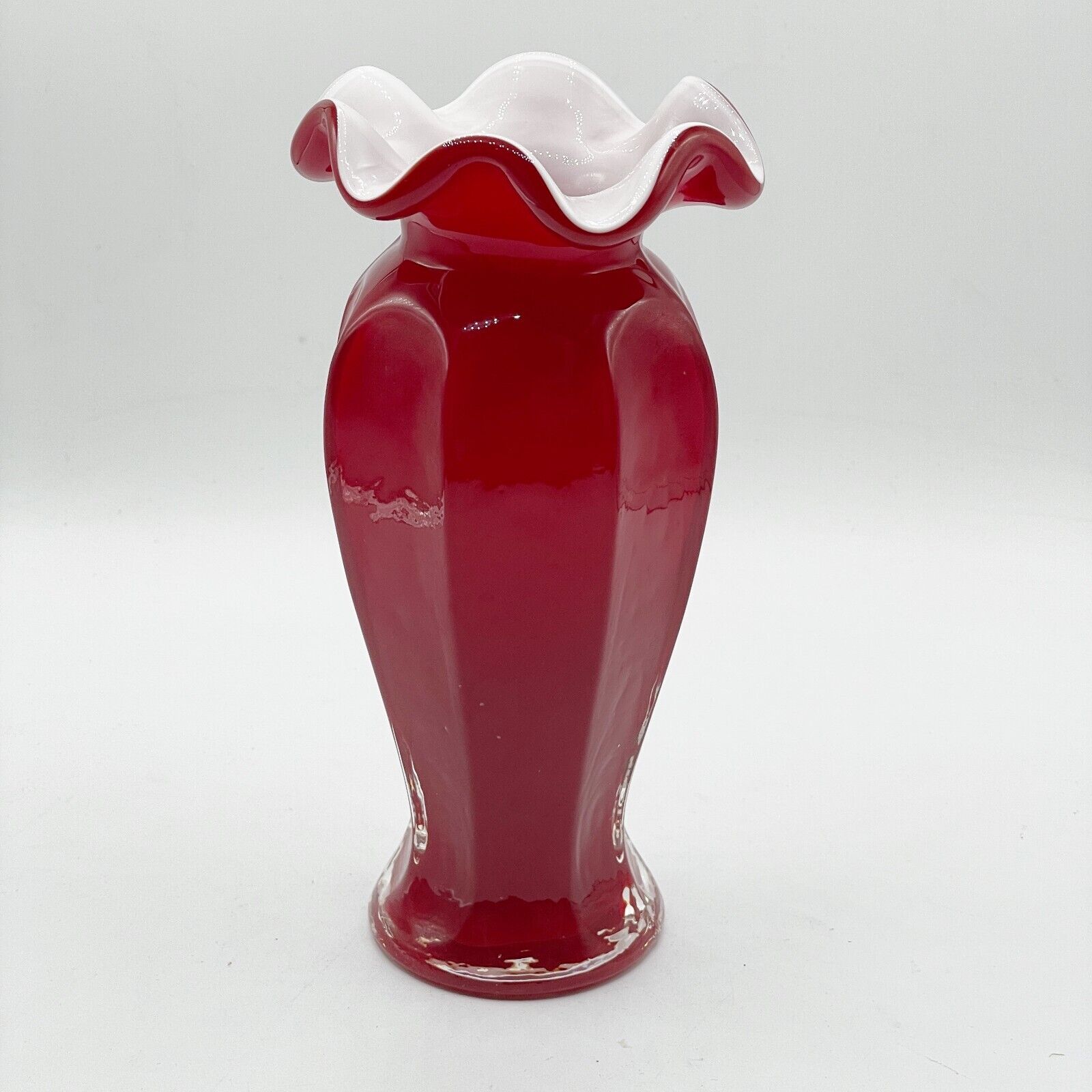 Vintage Ruby Red Cased Hand Blown Art Glass Ruffled Rim Paneled White Inner Vase