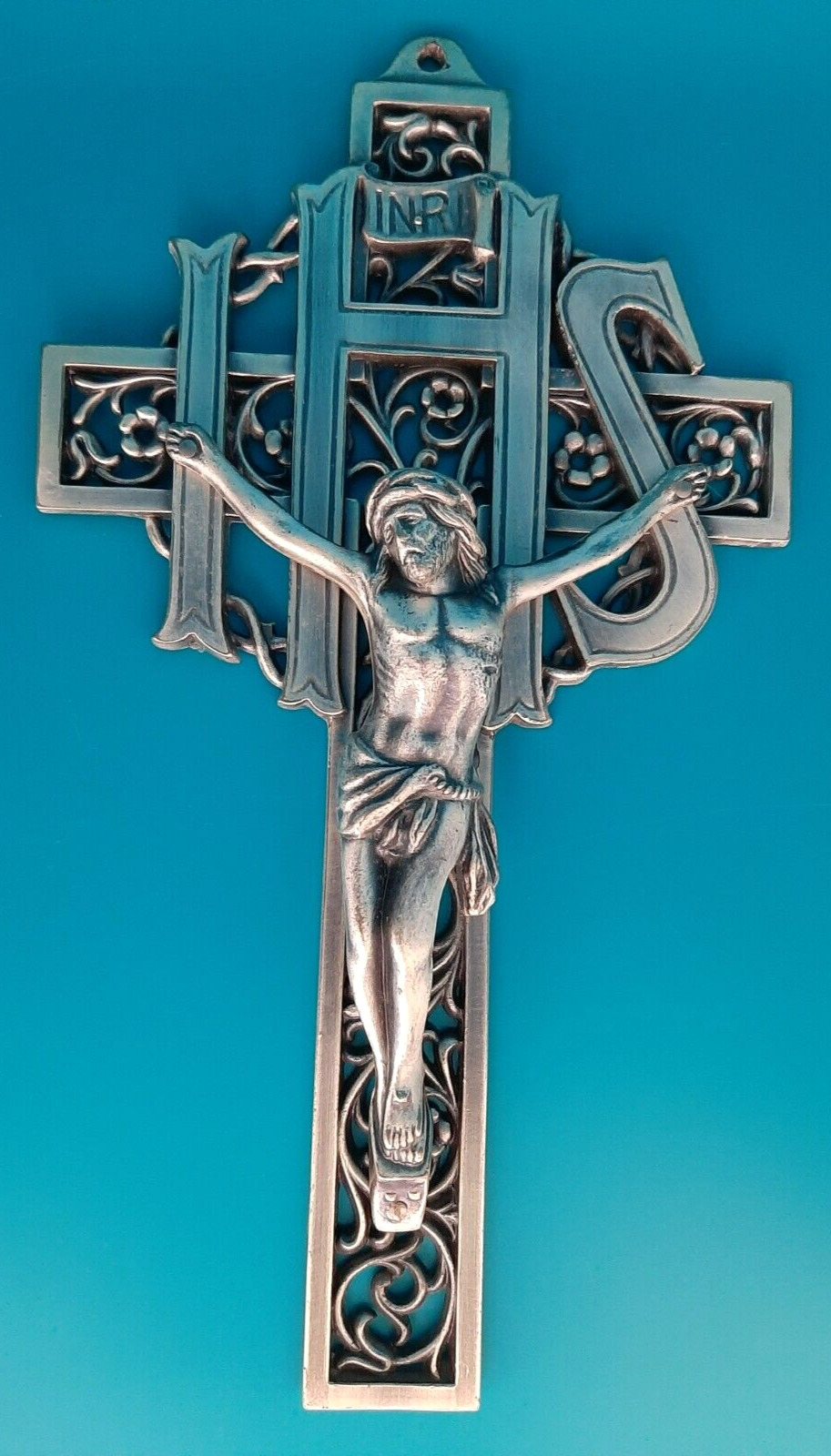 Vintage Ornate Heavy Silver Tone Metal Catholic Wall Crucifix “IHS”; 9.25”x5.25”