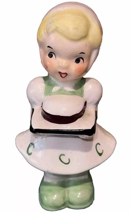 Vintage Ucagco Ceramic Figurine Chore Girl ￼with Cake Fun
