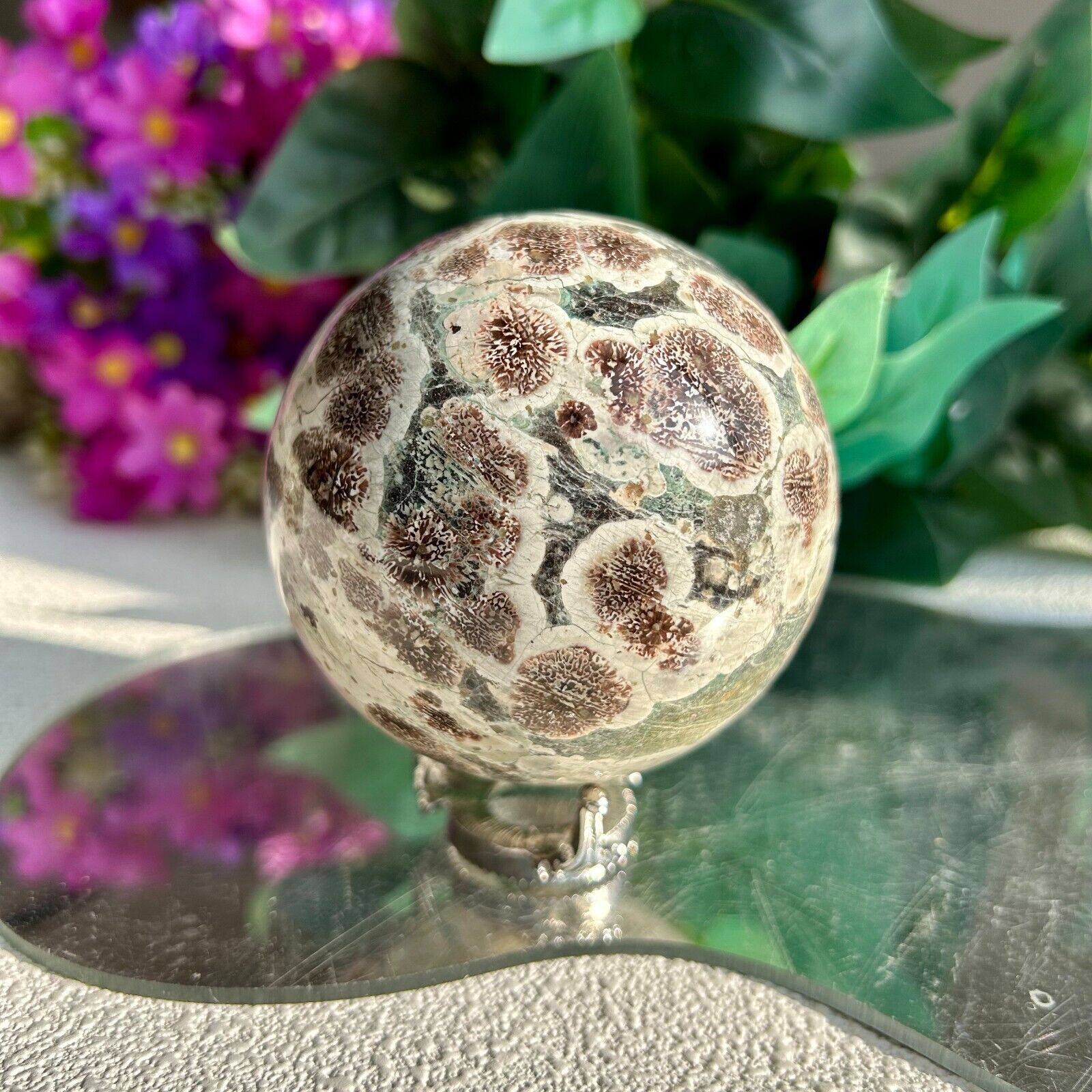 Natural green Cherry Blossom Agate Sphere Crystal Display Healing