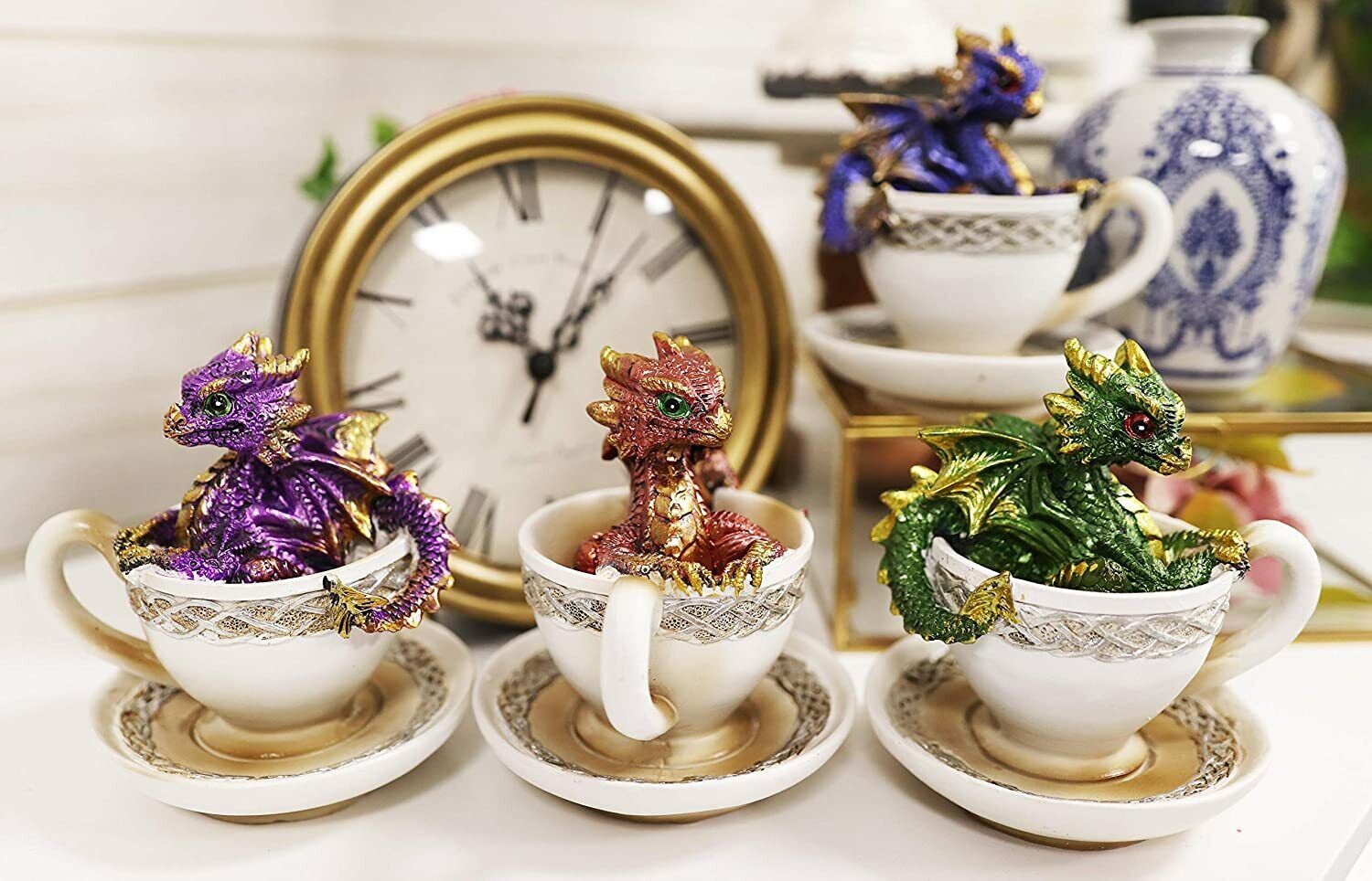 Ebros Metallic Baby Wyrmling Dragons in Tea Cups with Saucers Figurine Set 4.5\