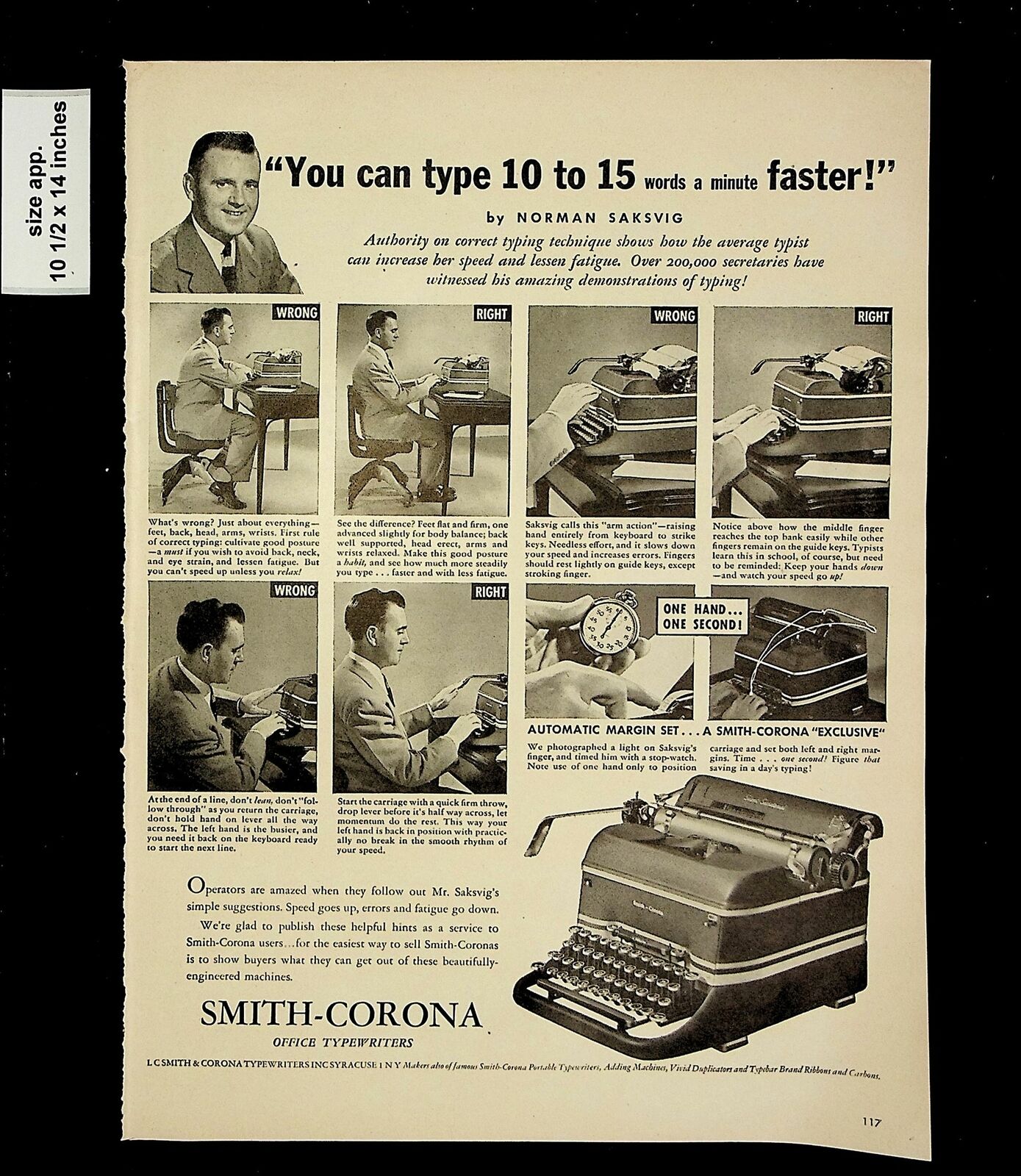 1947 Smith Corona Typewriter Vintage Print Ad 015851