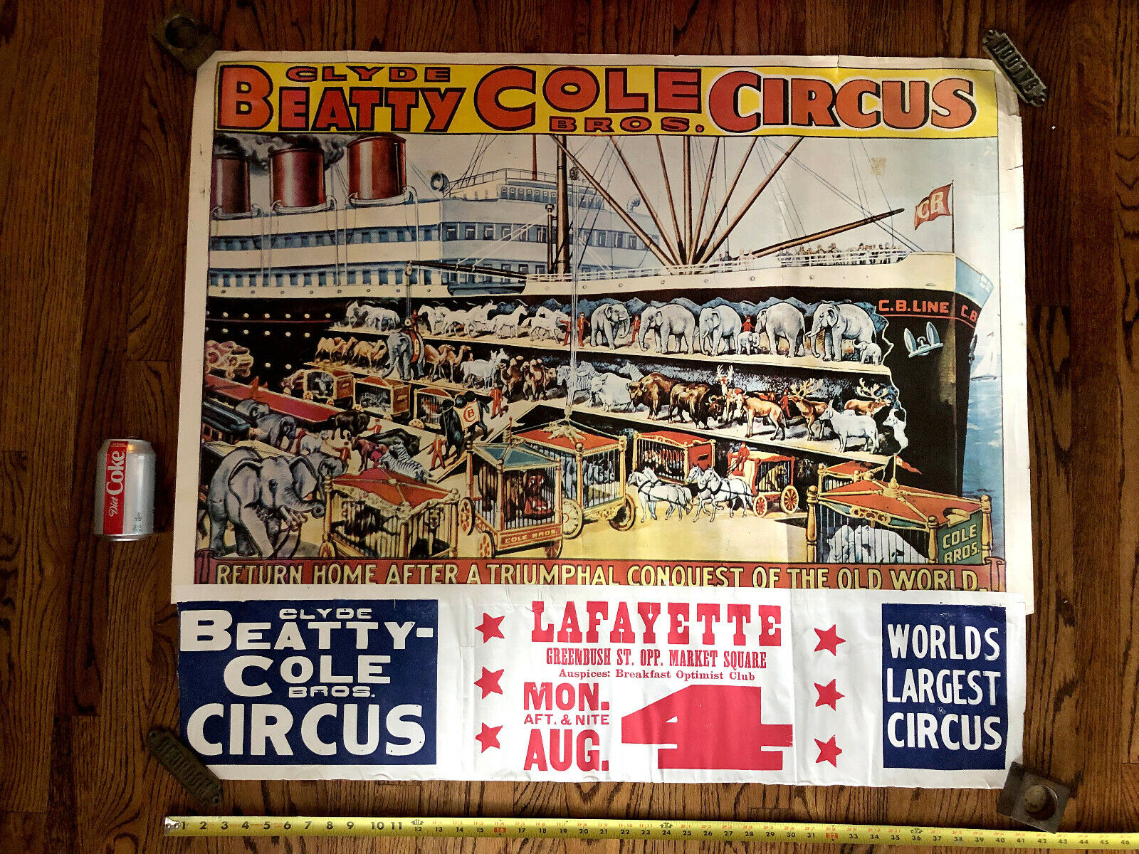 RARE Original Large Clyde Beatty Cole Bros Circus Poster Steam Ship Wild Animals