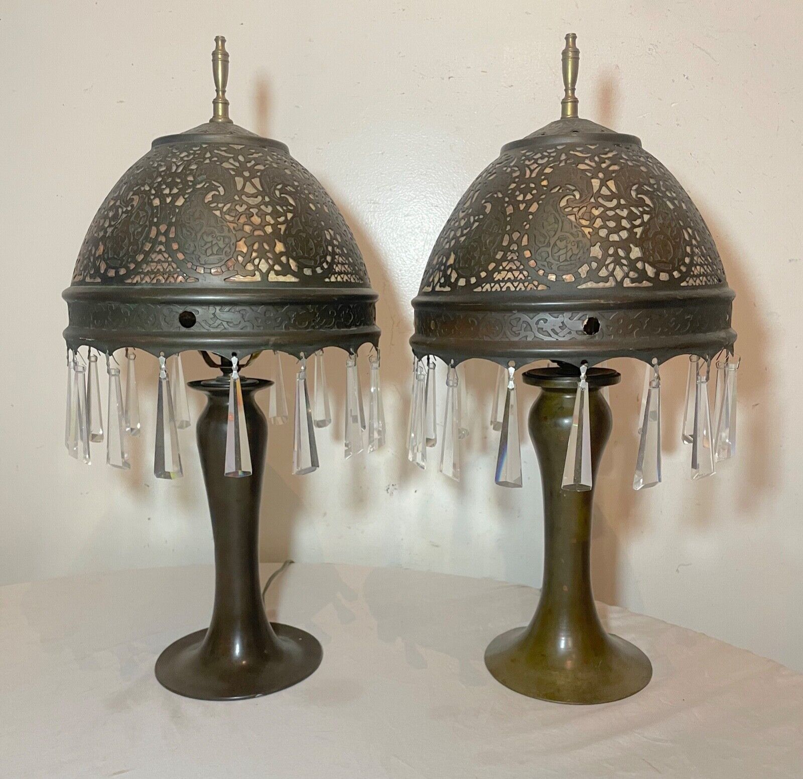 pair of antique ornate patinated bonze Austrian reticulated electric table lamps