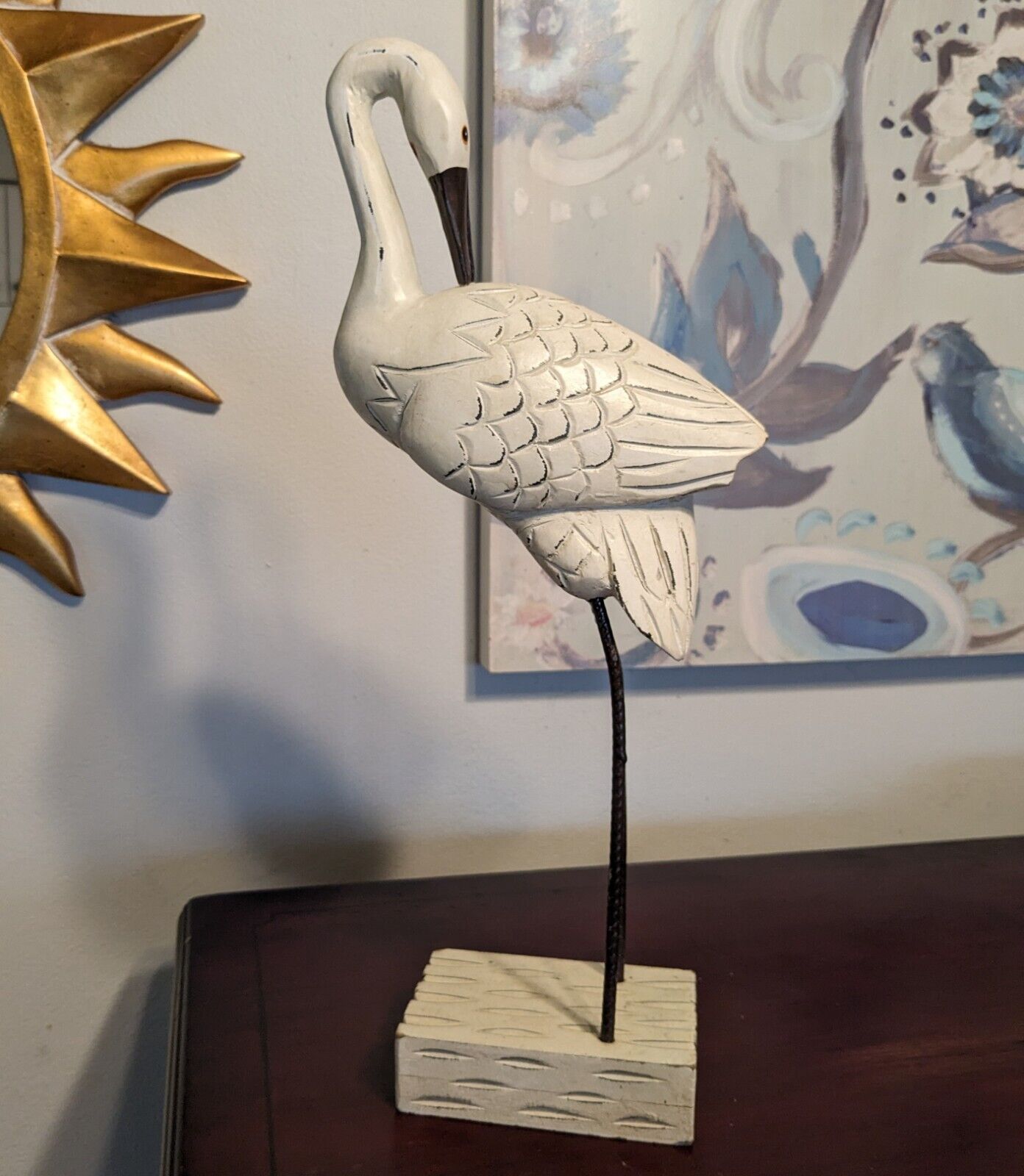 Wood Heron Egret Crane Beach Bird Figurine Sculpture White Metal Legs Decor EUC