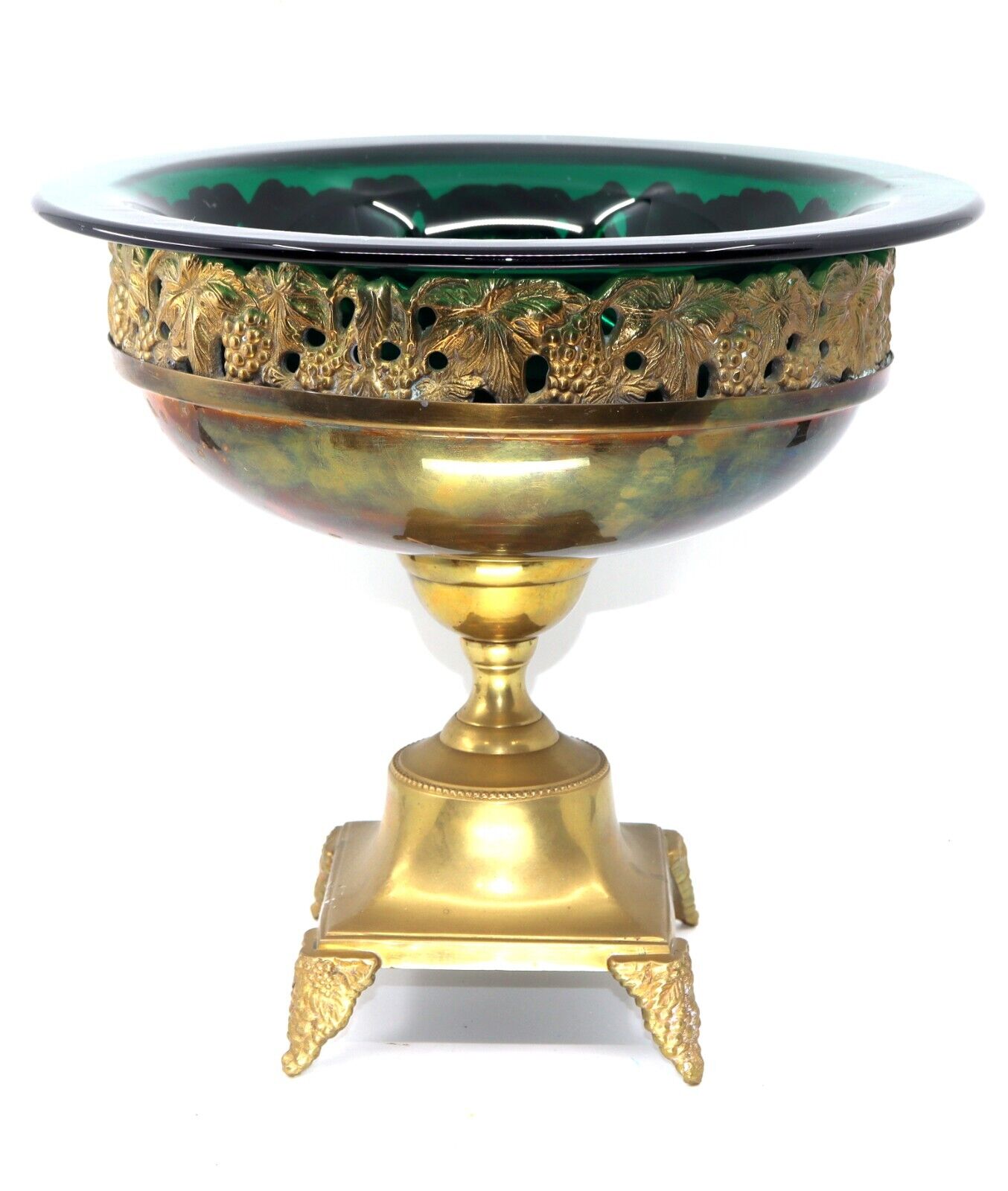 Vintage Brass Pedestal Fruit Bowl Grape Design Rare Original Green Glass Bowel
