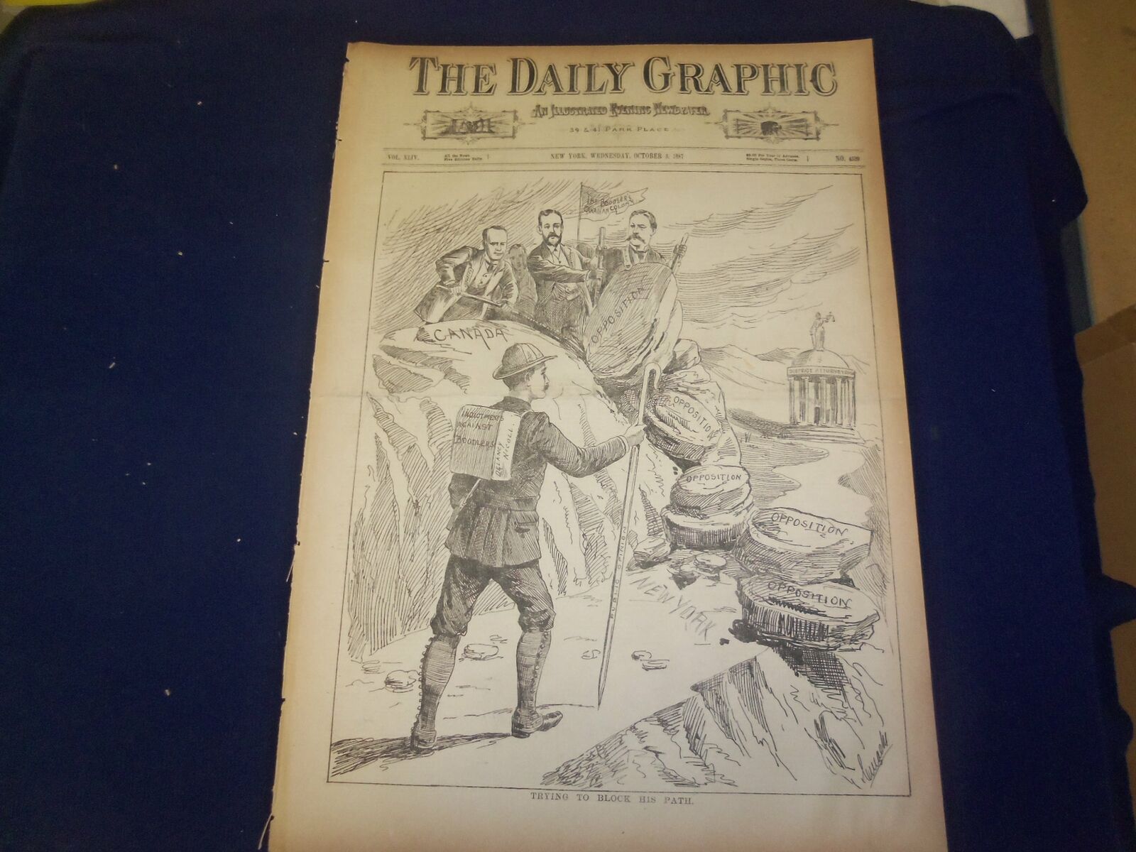 1887 OCTOBER 5 THE DAILY GRAPHIC NEWSPAPER - TRYING TO BLOCK HIS PATH - NT 7674