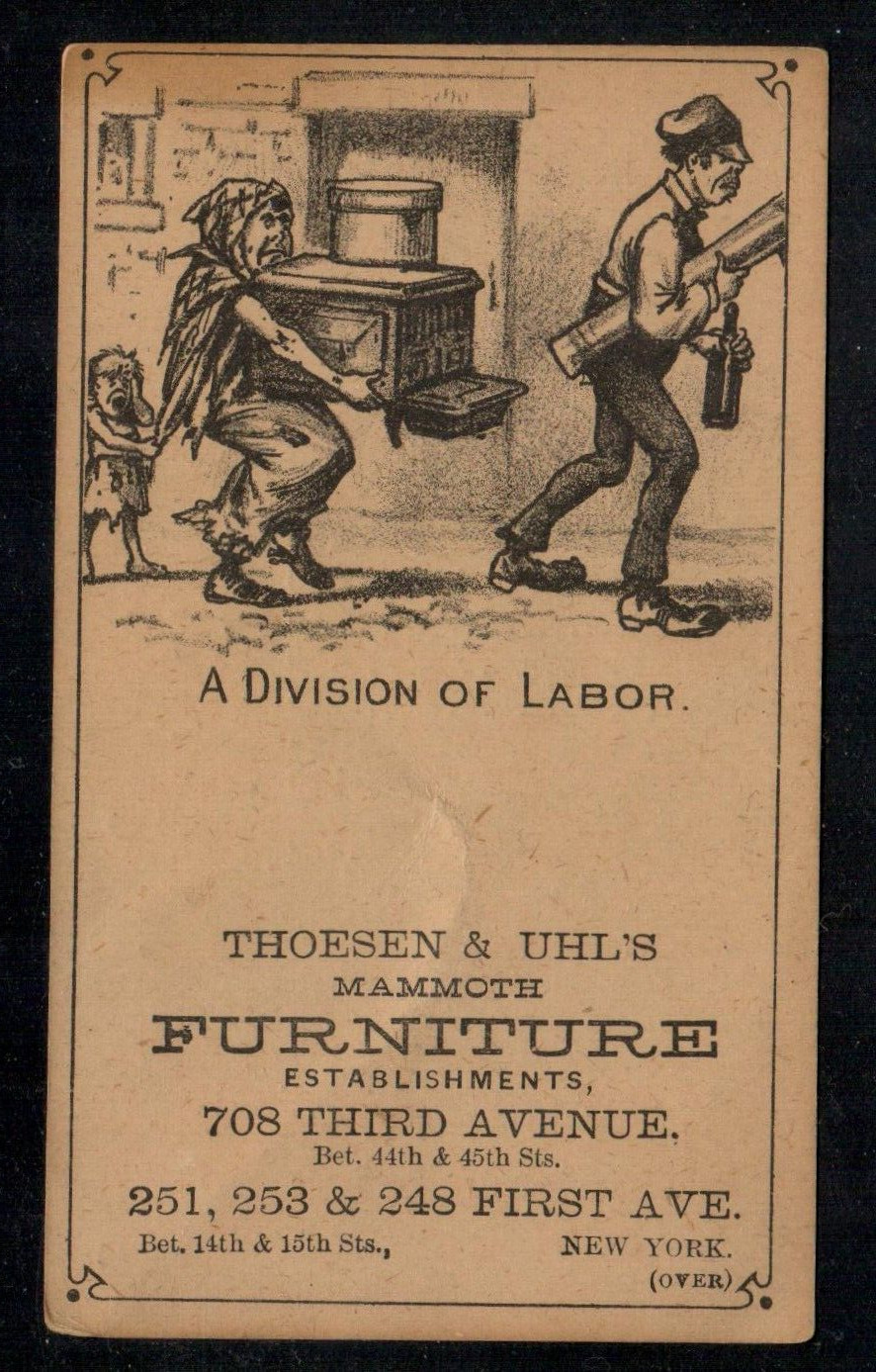 Thoesen & Uhl's Furniture Victorian Trade Card, Woman caring a stove, Labor 1880