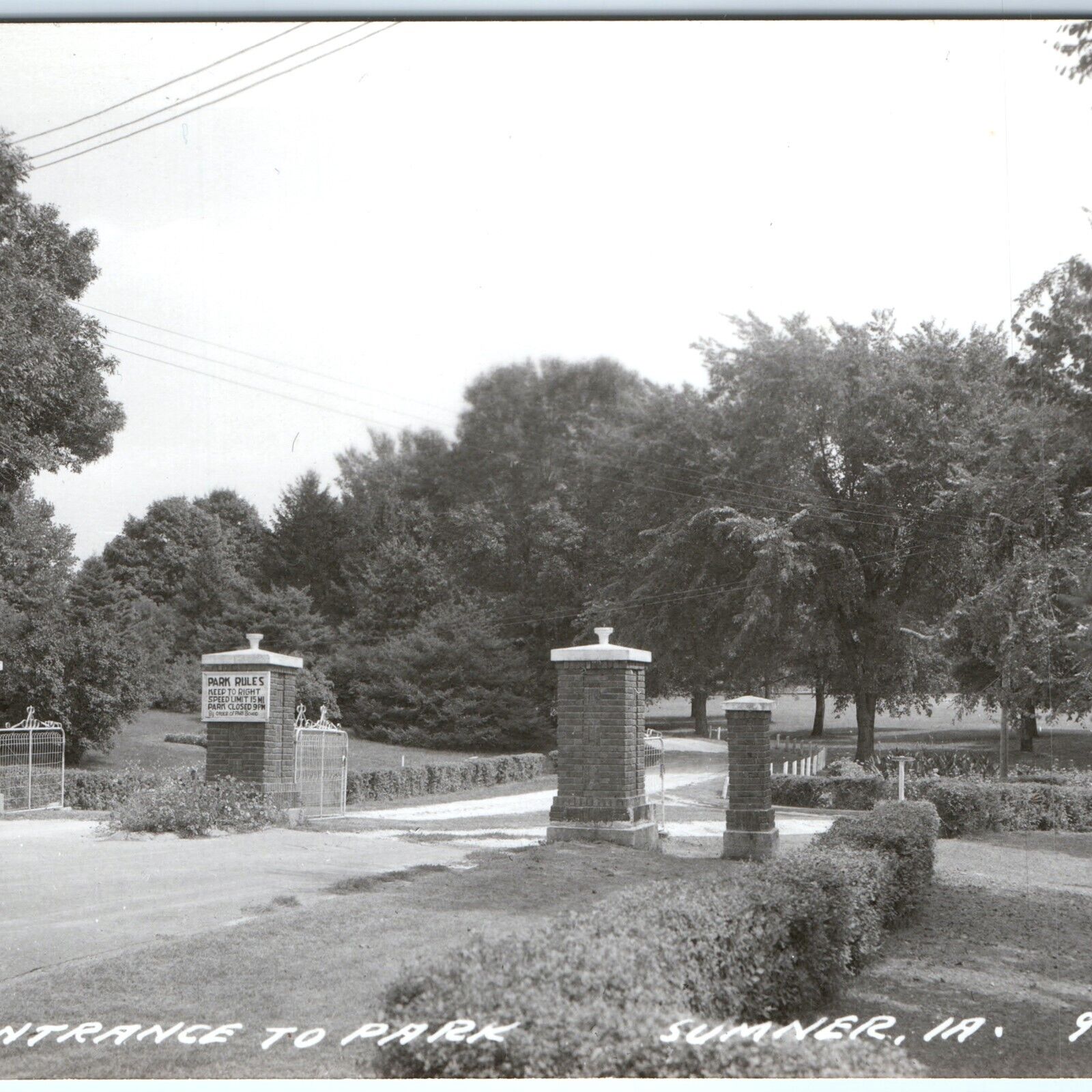 c1950s Sumner, IA RPPC Entrance to City Park Gate Rules Sign Real Photo PC A109
