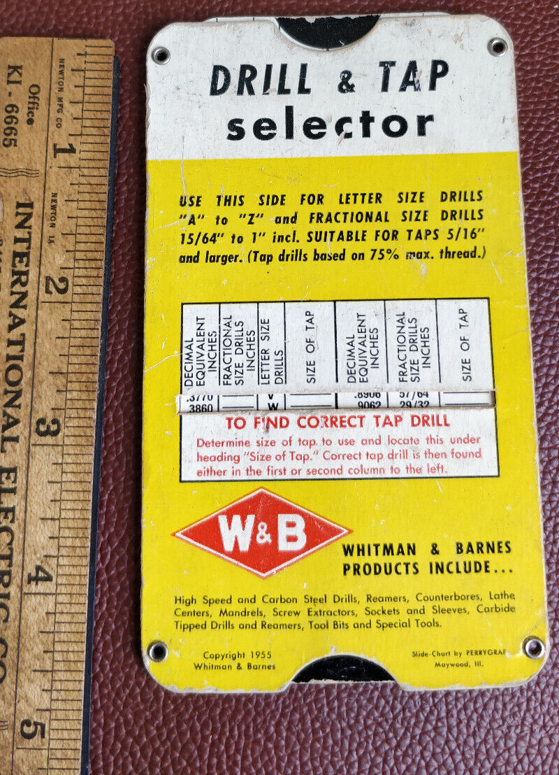 Vintage - Calculator Slide Rule ~ W&B Whitman Barnes ~ Drill Tap Selector