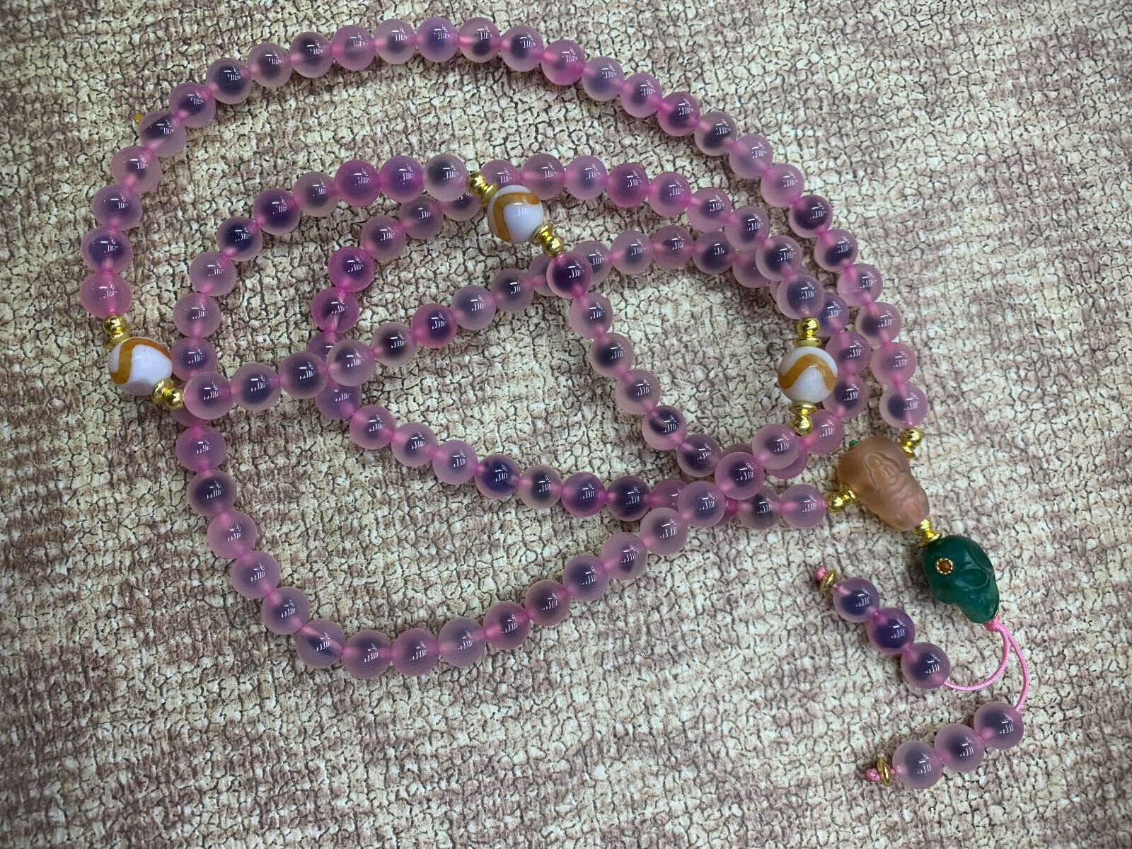 WOW Tibetan Natural Pink Agate Dzi 8mm Round 108 Beads Necklace