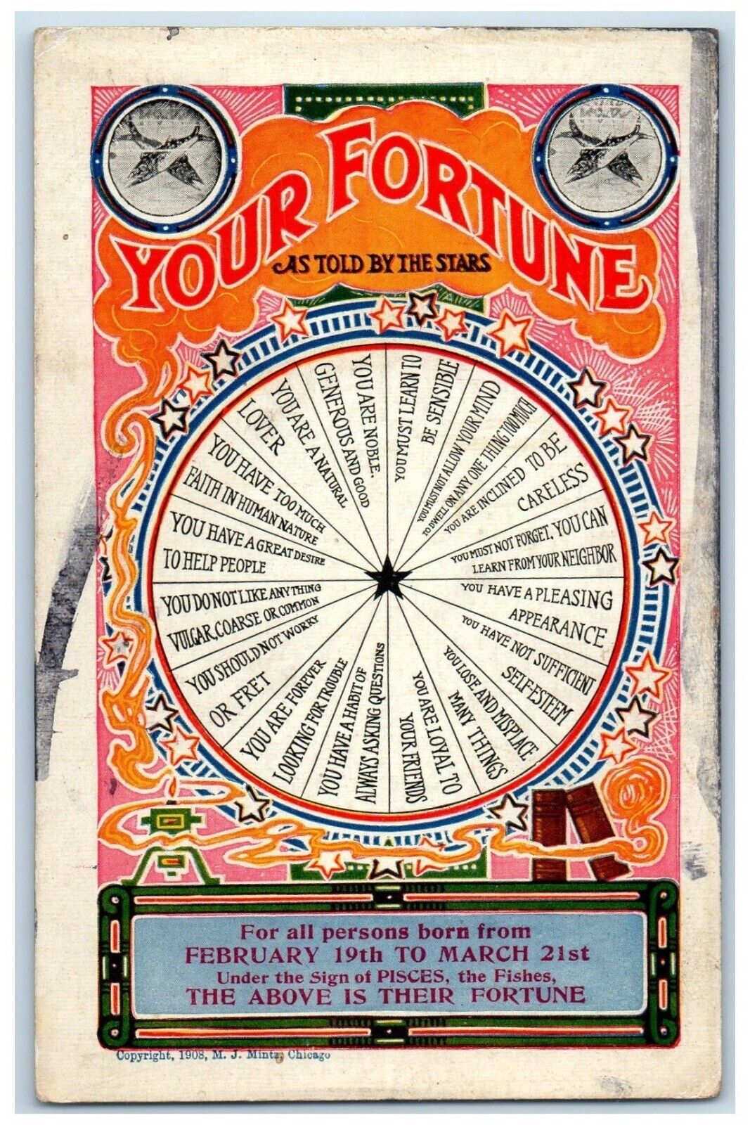 c1910\'s Your Fortune As Told By The Stars Roulette Unposted Antique Postcard