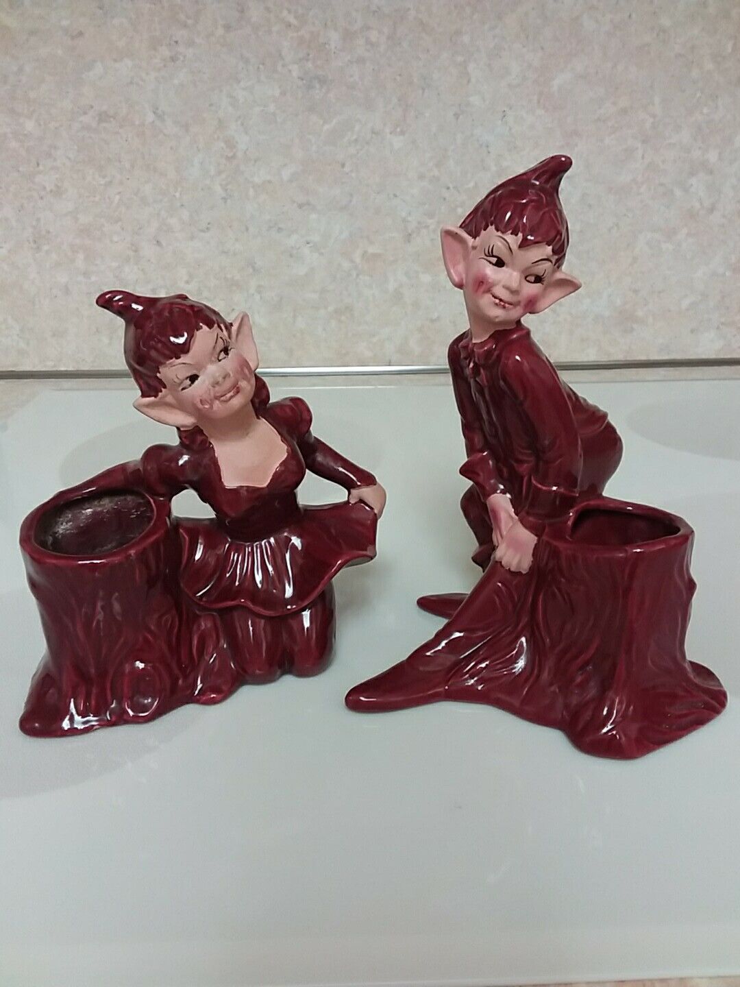Pair of Red Gilner 1951 Boy and Girl Pixie, Elves, Imps on Tree Trunk Planter