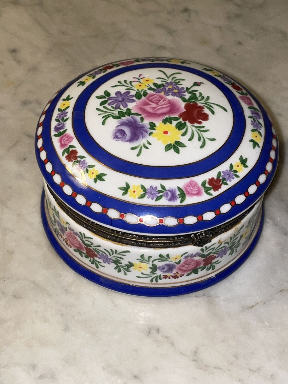 Imperial Porcelain Floral Cobalt Blue Band Trinket Jewelry Box Hinged Lid Clasp 