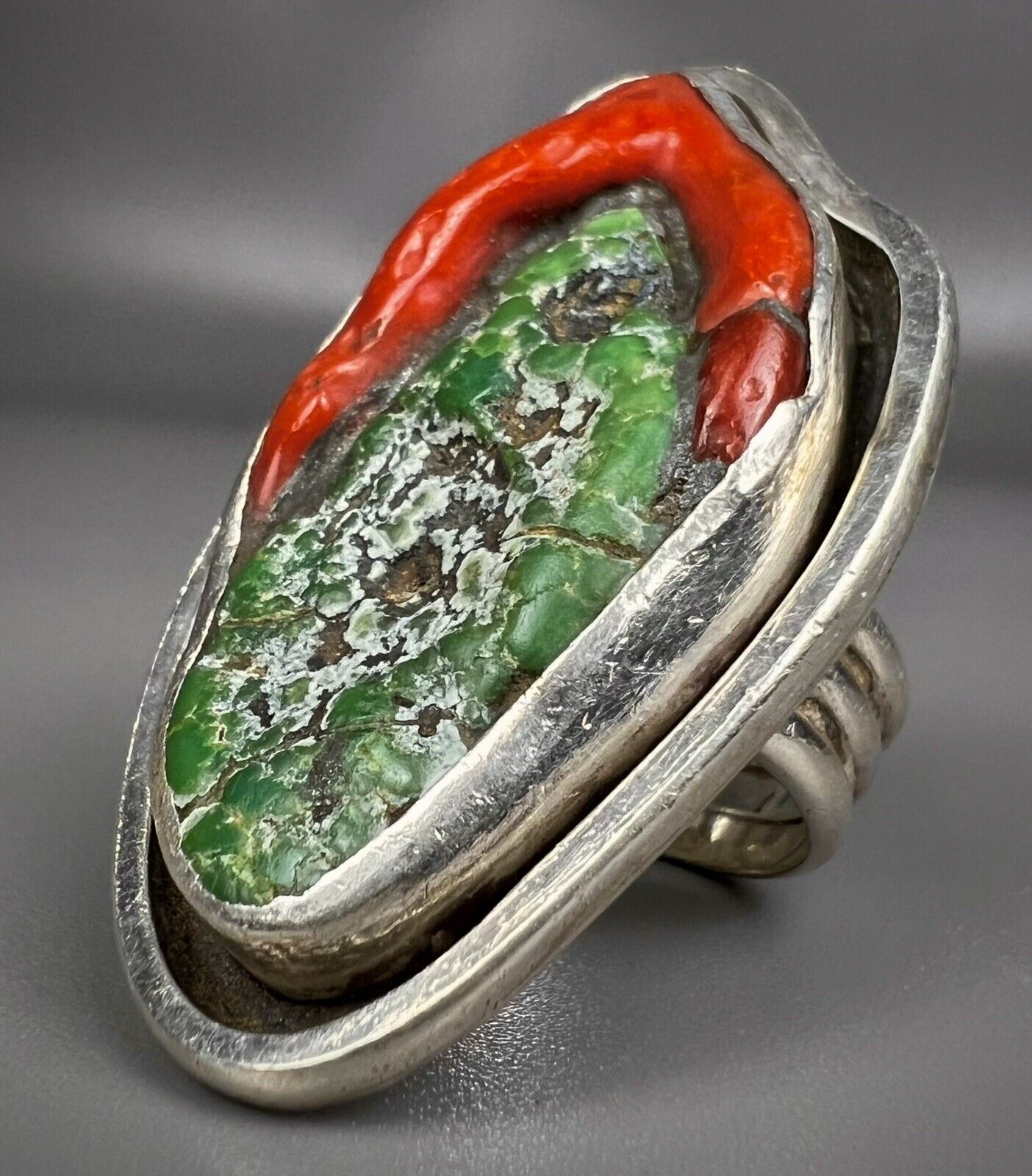 HUGE RARE Vintage Navajo Old Pawn Sterling Silver Turquoise & Coral Ring