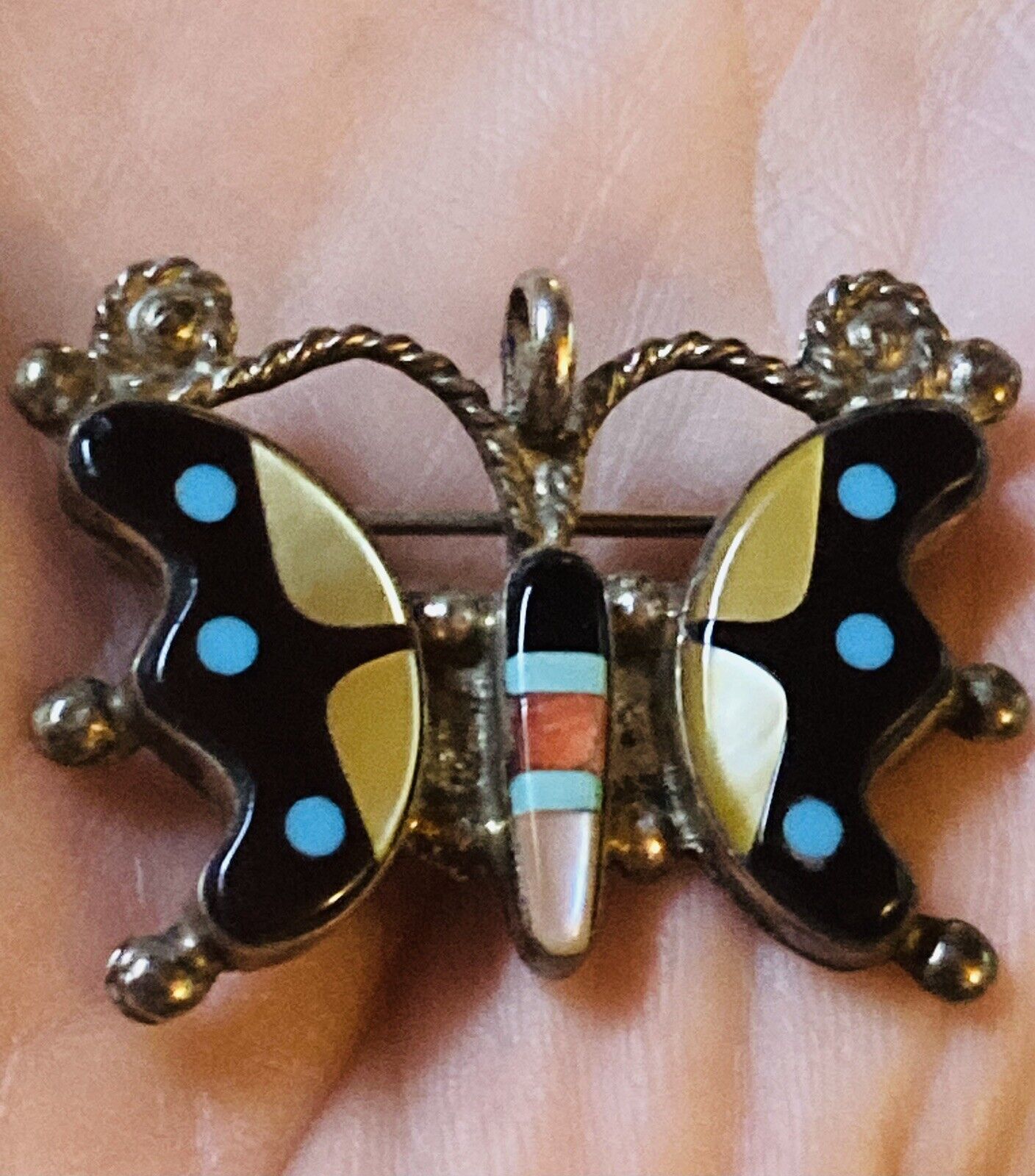Native American  ZUNI Vintage Silver Multi Stone Inlaid Butterfly Pin/Pendant