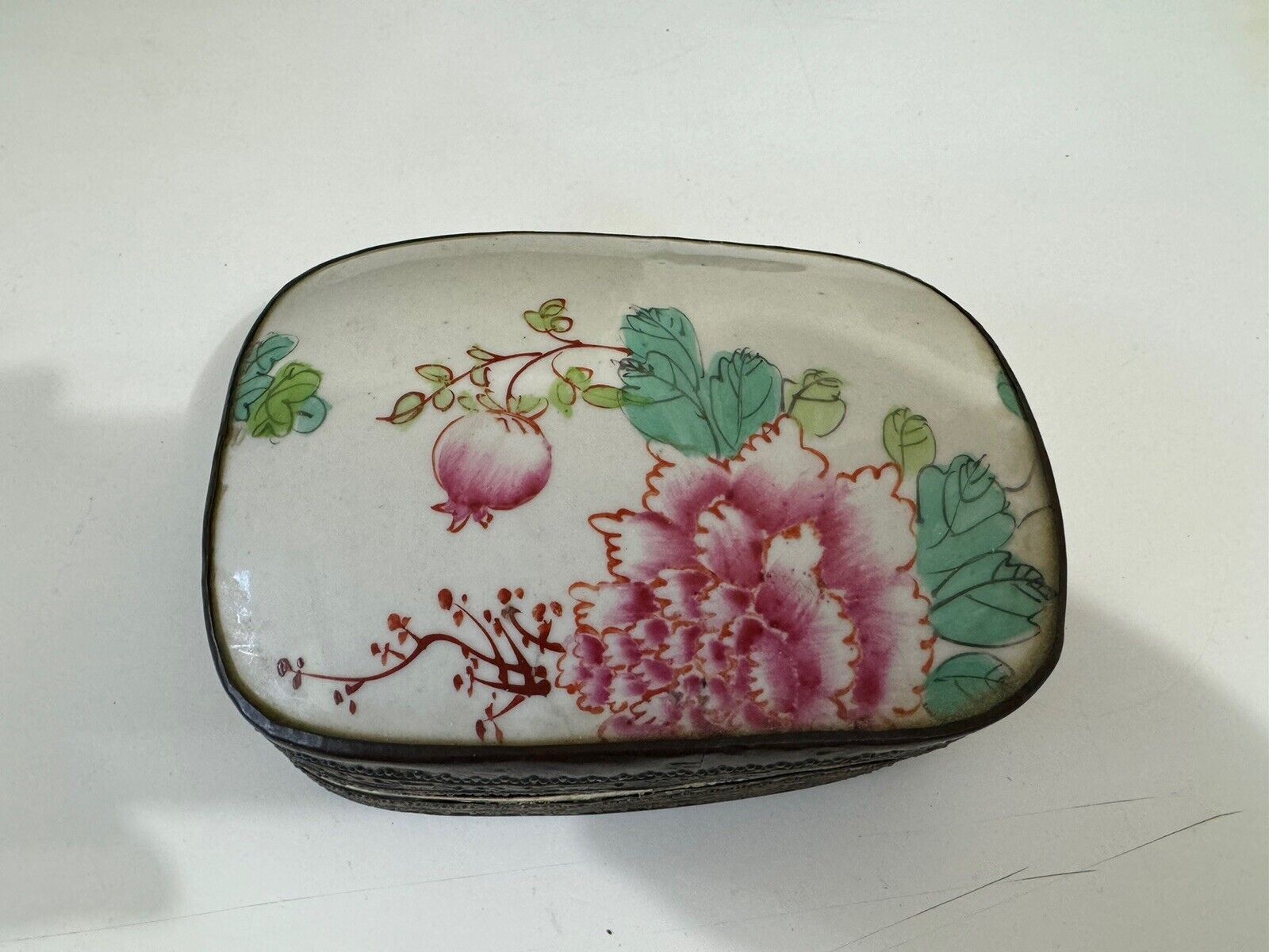 Vintage Chinese Porcelain Shard Trinket Box Embossed Metal Contoured Fitted
