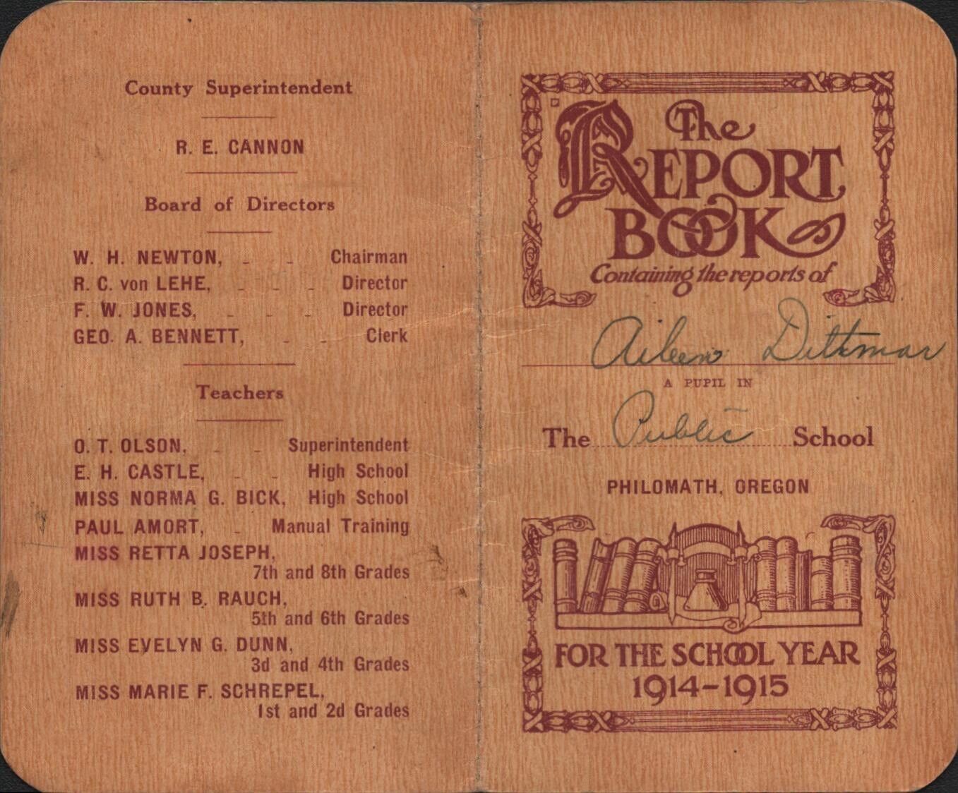1914-1915 PHILOMATH, OREGON antique public school REPORT BOOK grades & honors