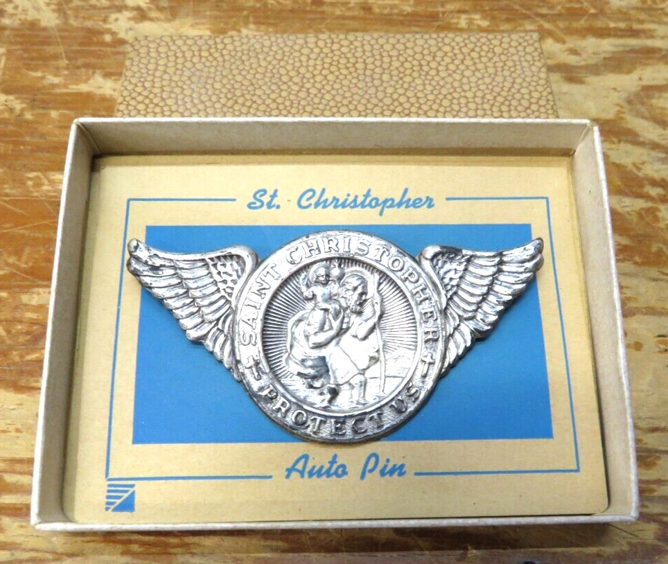 Vintage Saint Chistopher Auto visor Pin protect us w/ Original Box