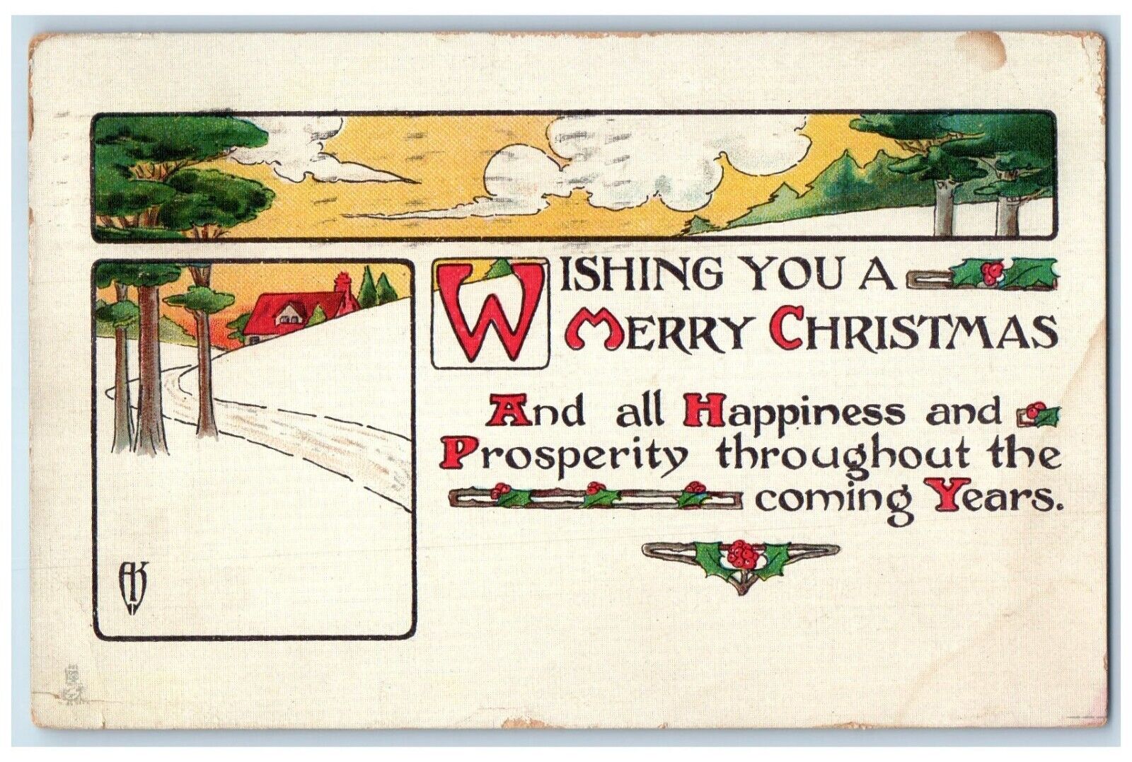 1914 Merry Christmas House Trees And Holly Berries Arts Crafts Tuck\'s Postcard