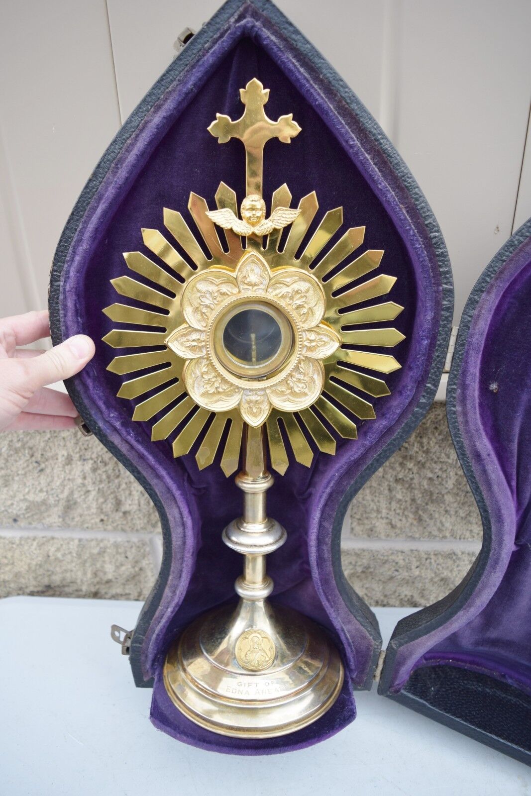 Nice Older Gold Plated Monstrance with Sterling Luna in Case - 19\