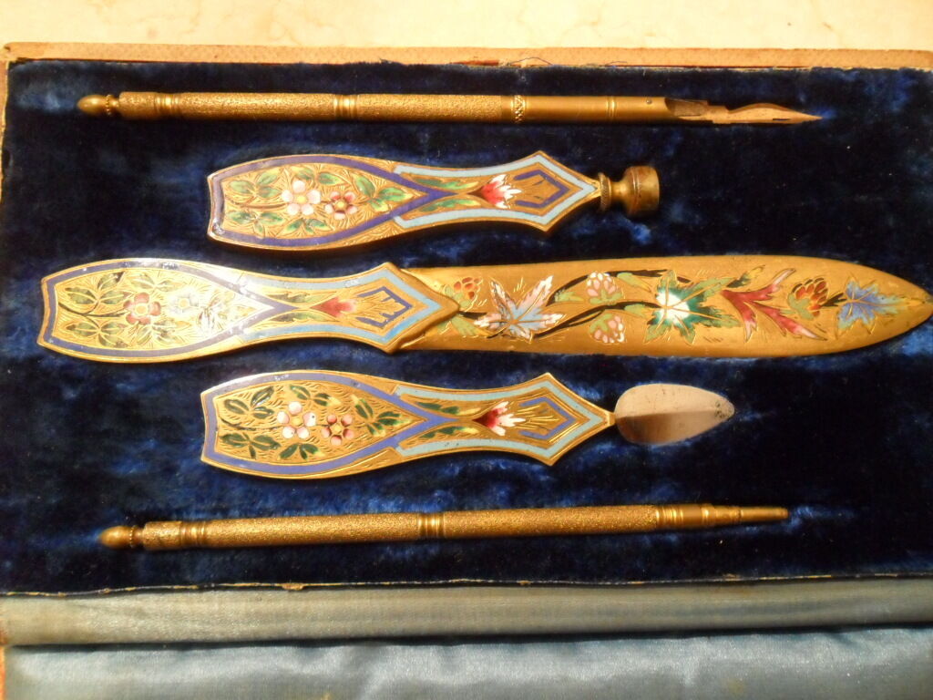 ANTIQUE PAINTED BRONZE INK DIP PEN, PENCIL, LETTER OPENER, ERASER AND WAX SEAL. 