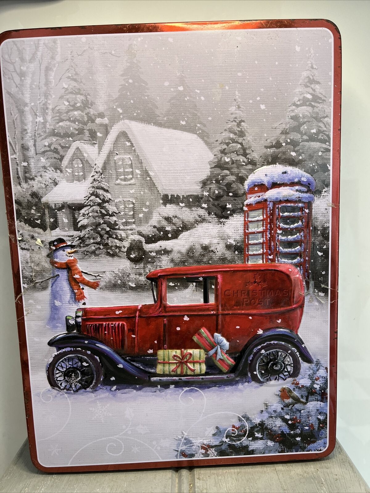Vintage Car and Snow man EMPTY Collectable Tin Storage Container Display