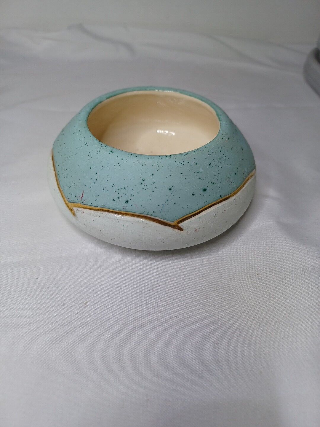 Ceramica Aljesa Vase or Candle Holder Teal & White w/Gold Trim, 4\