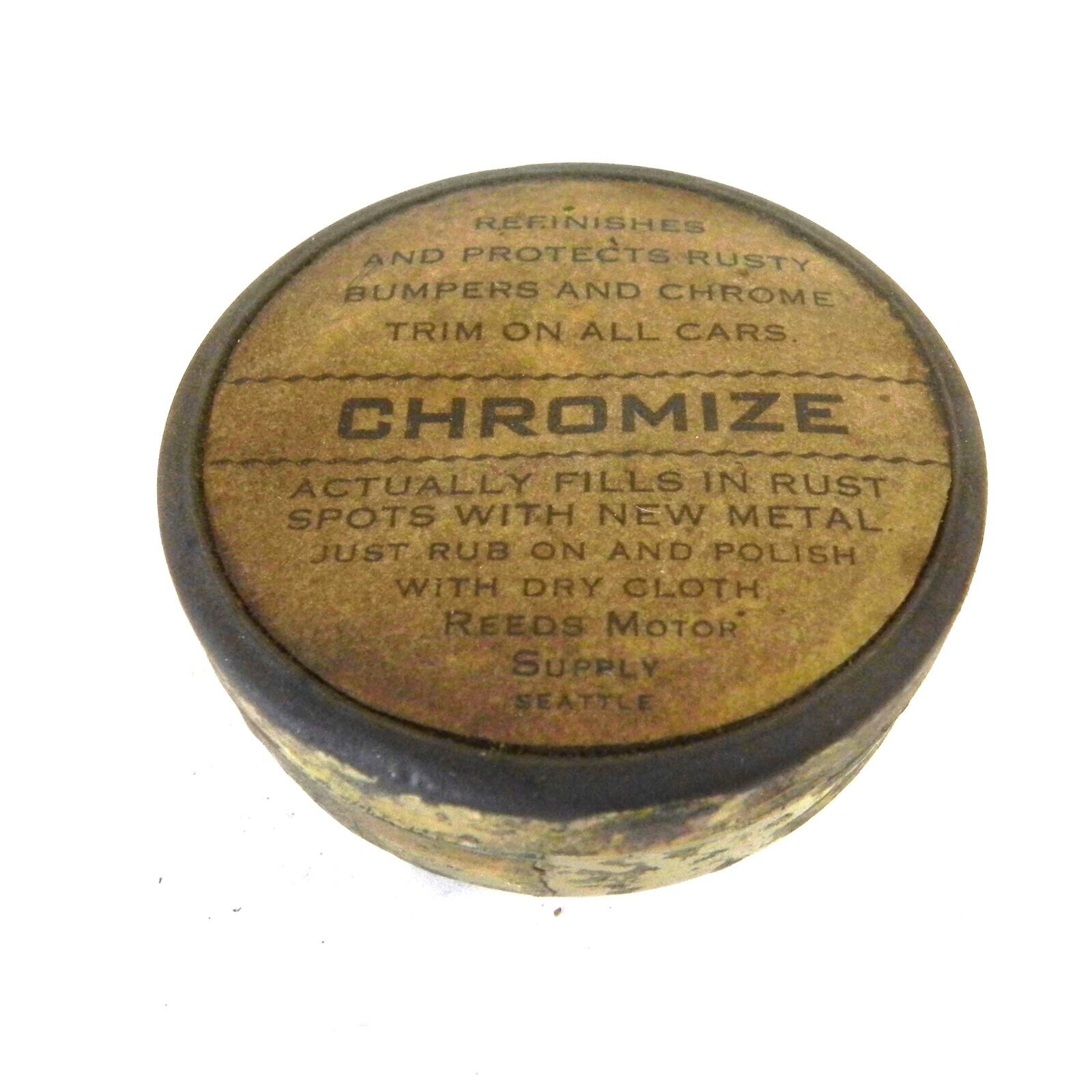 VINTAGE CHOMIZE TIN CAN REED\'S MOTOR SUPPLY SEATTLE CONTENTS SOLIDIFIED USED VTG