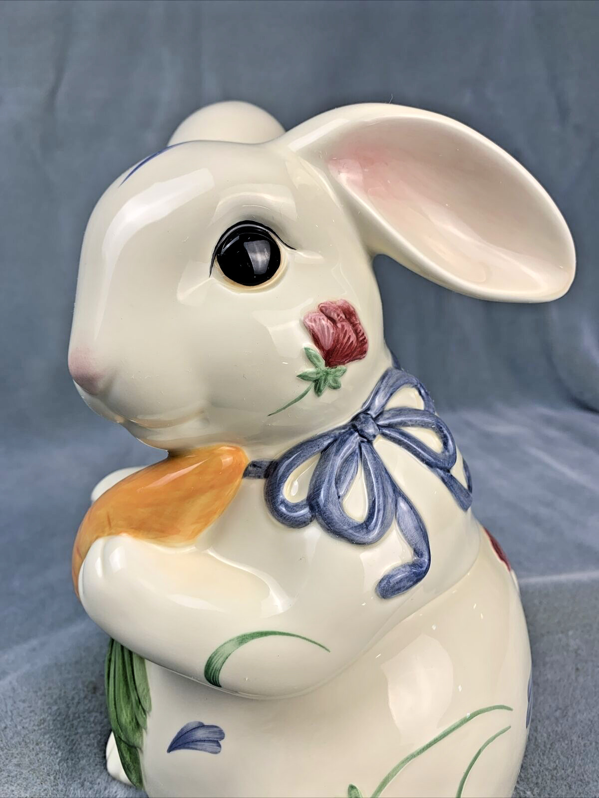 Lenox China Easter Bunny Cookie Jar Poppies on Blue Carrot Rabbit Ceramic