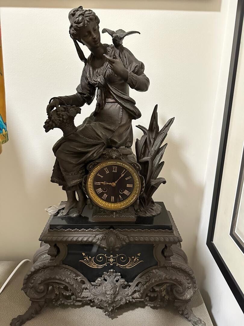 Antique Rare Large French Bronze And Marble Mantel Clock