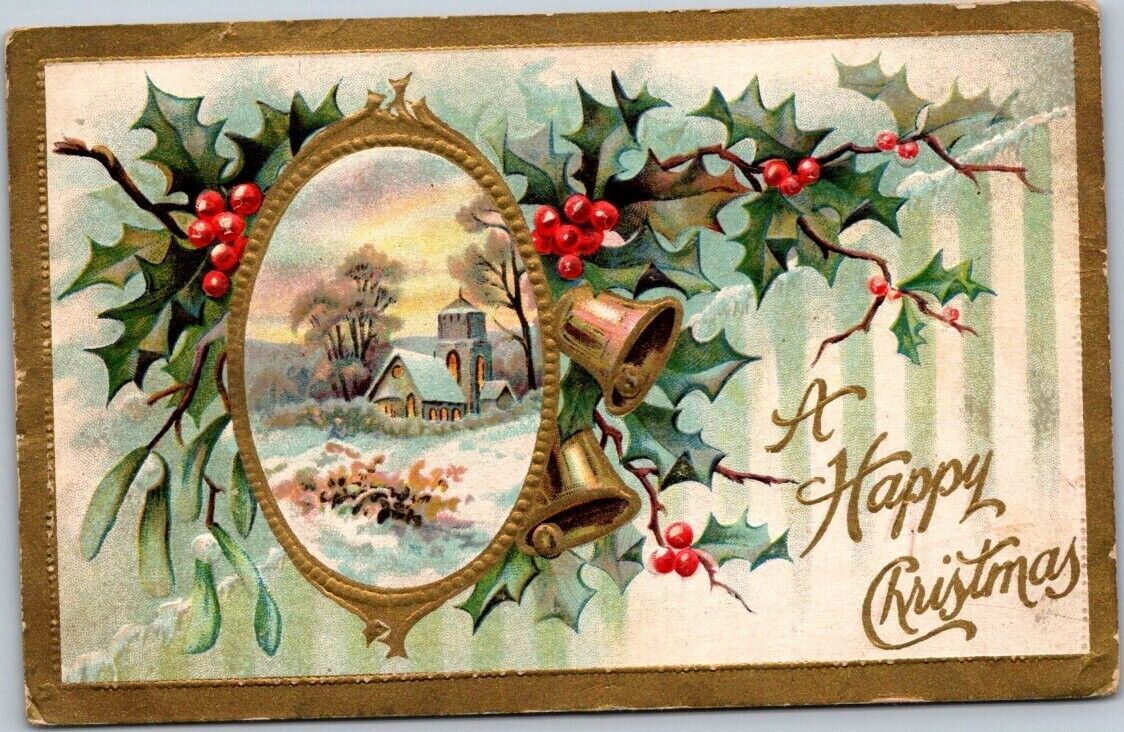 Early 1900's A Happy Christmas Holly Leaves Embossed Antique Postcard B16