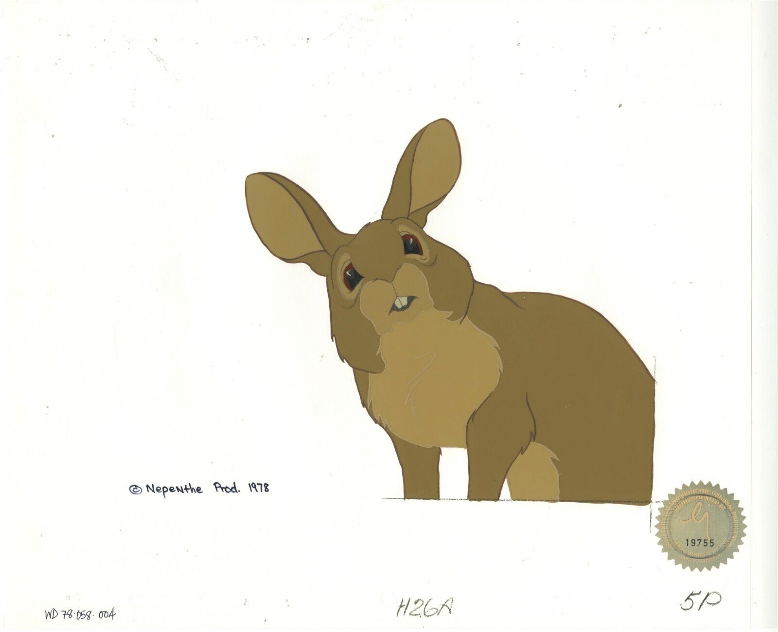 Watership Down 1978 Production Animation Cel Pipkin LJE Seal and COA 058-004