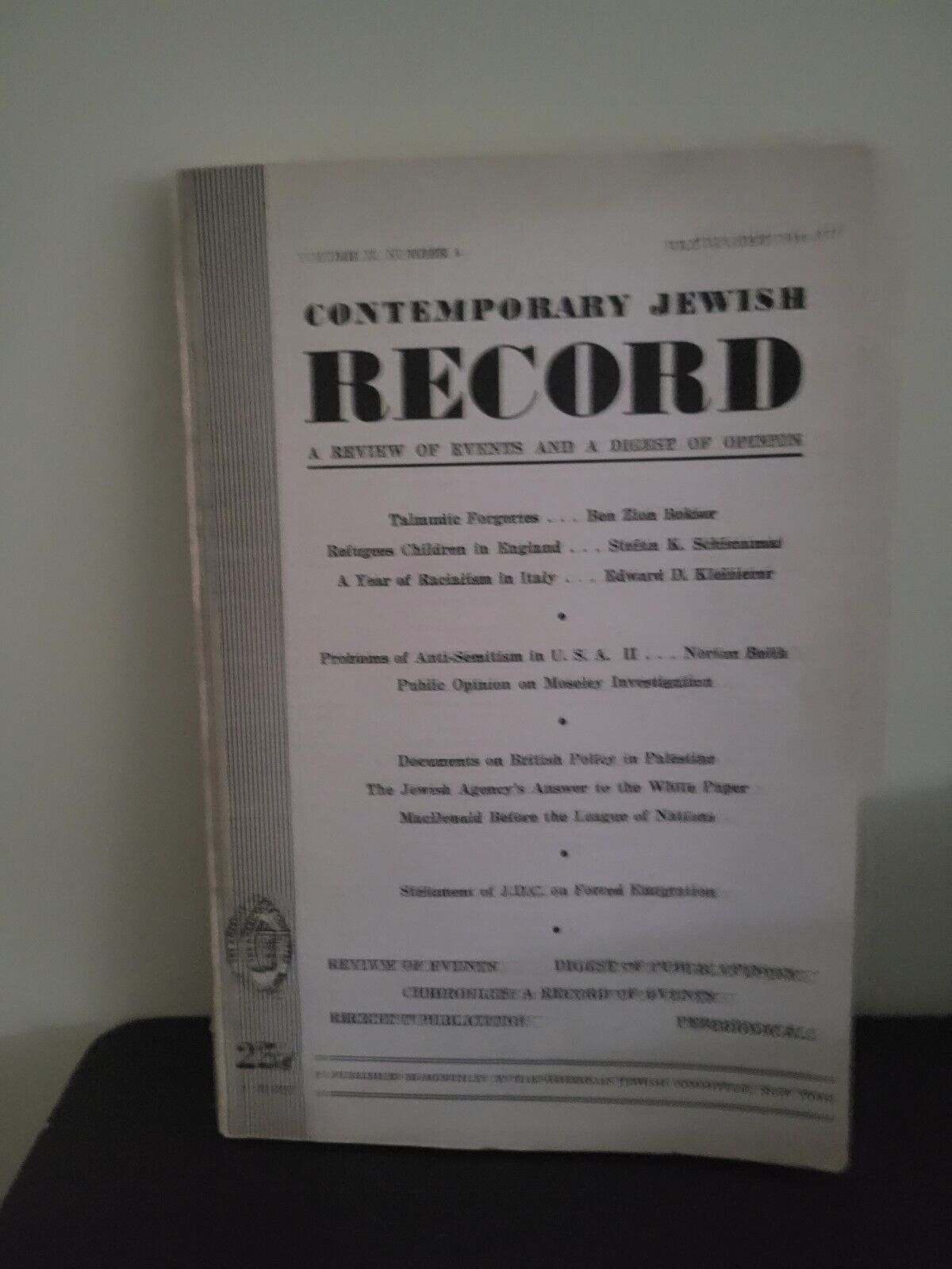 Vintage Contemporary Jewish Record August 1939 Volume II Number 4