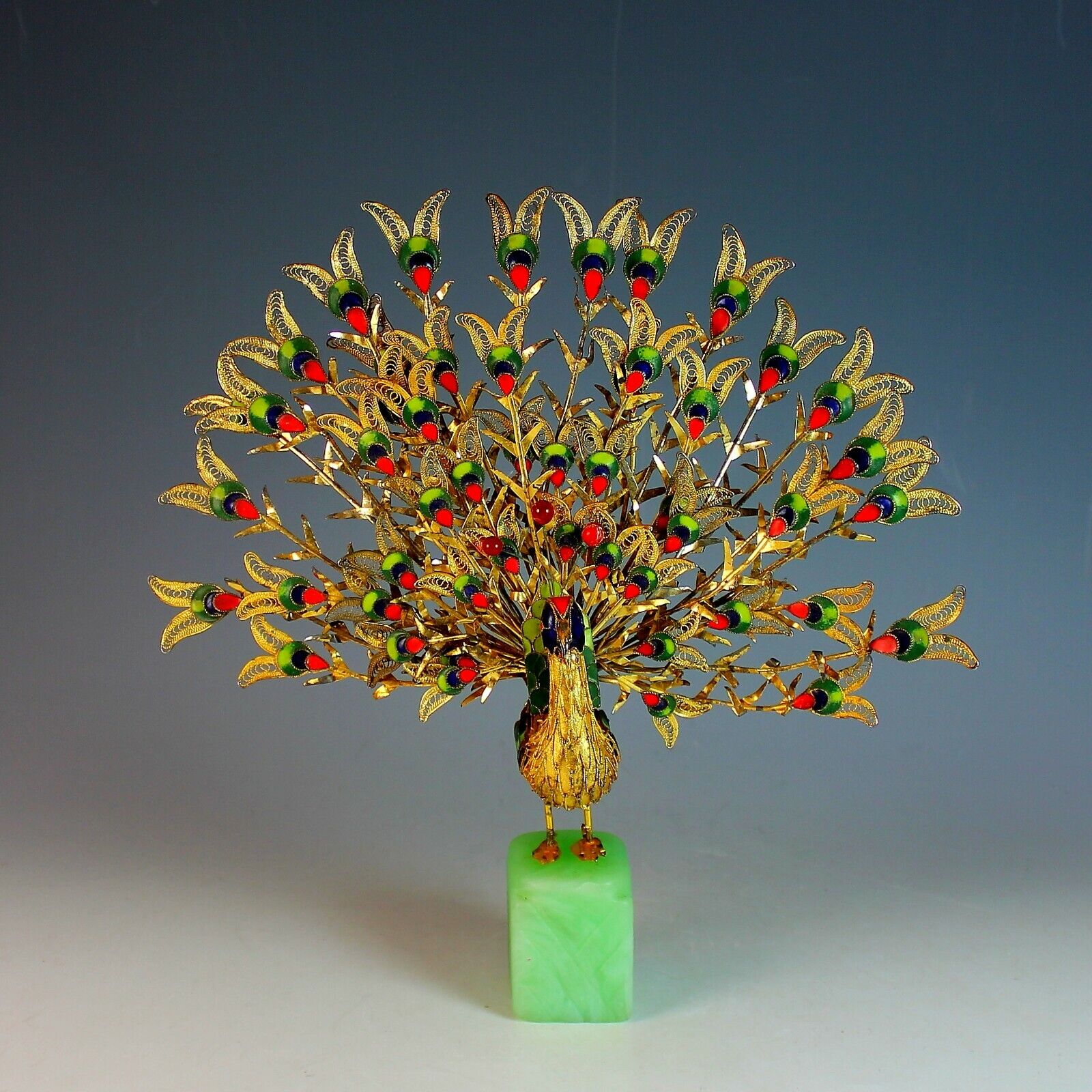 Cloisonne Peacock Bird Sculpture with Feathers on Green Stone Base