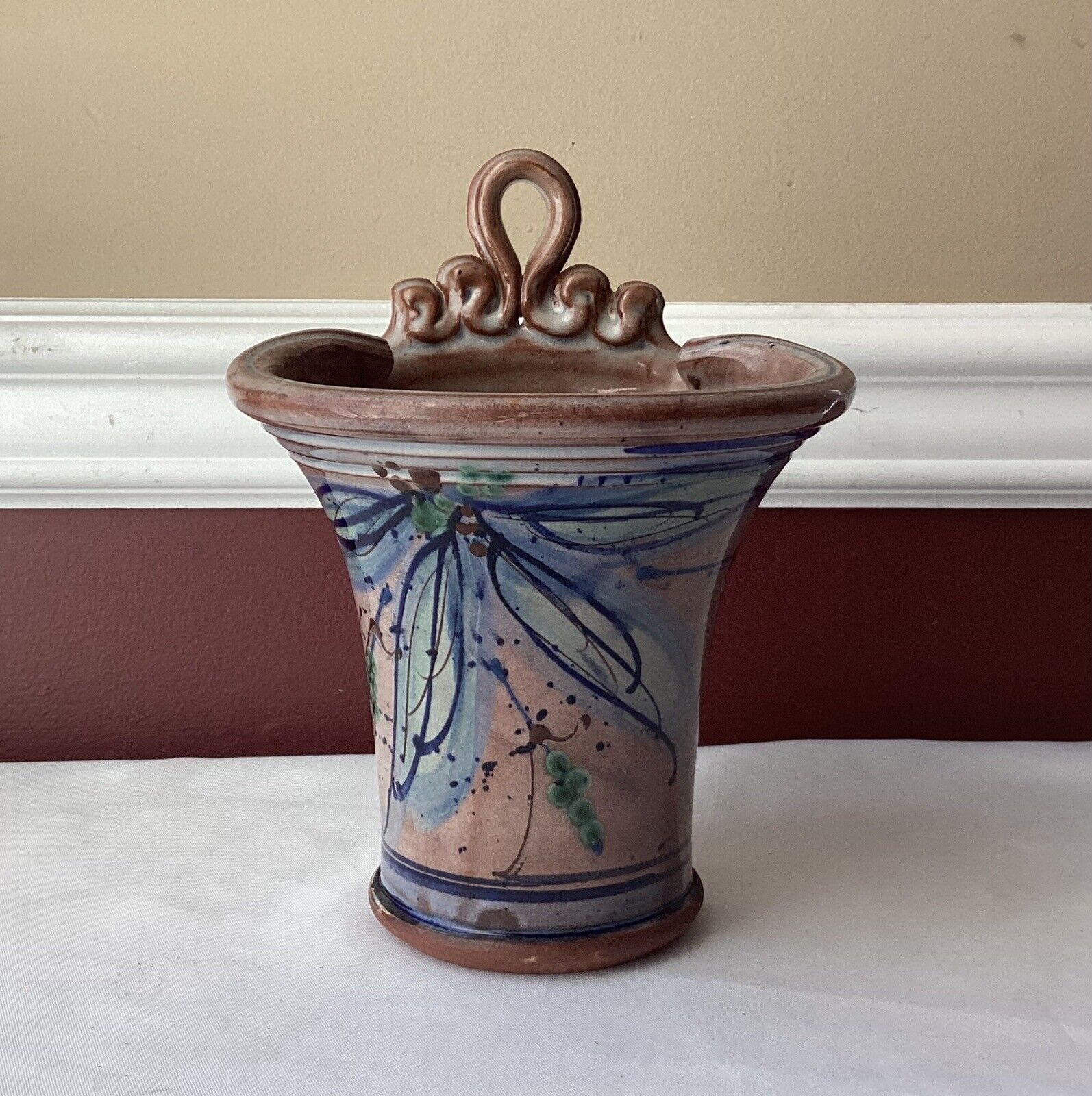 VTG French Glazed Terracotta Pottery Vase With Drainage Holes, 8\